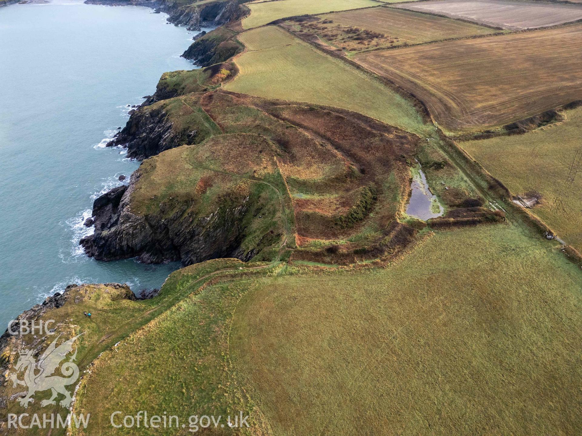 Caer Aber Pwll and Little Aber Pwll coastal promontory forts. Aerial (UAV) view from the west.