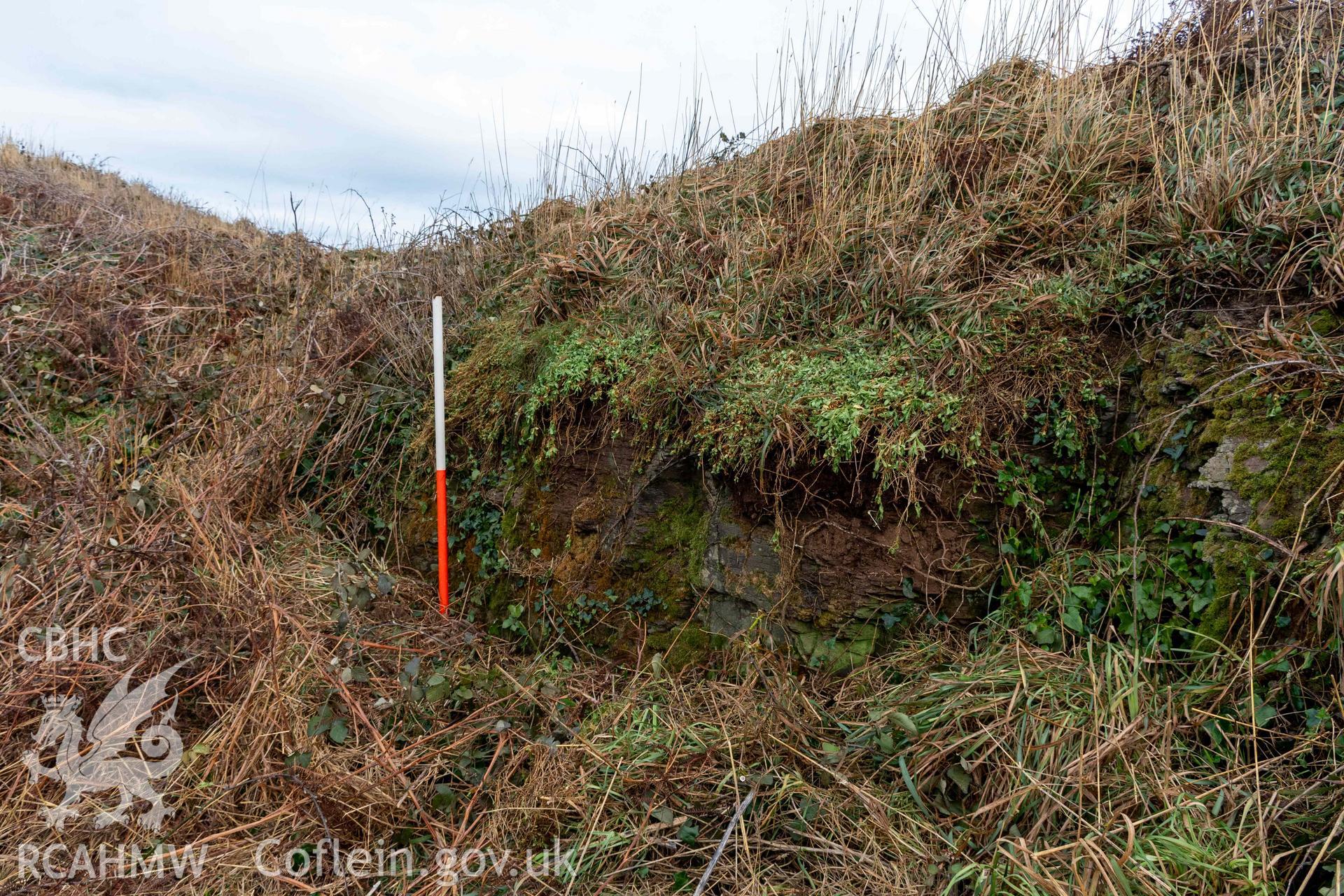 Castle Head Coastal Promontory Fort. Quarried edge of inner ditch defining the west side of entrance causeway (with scale).