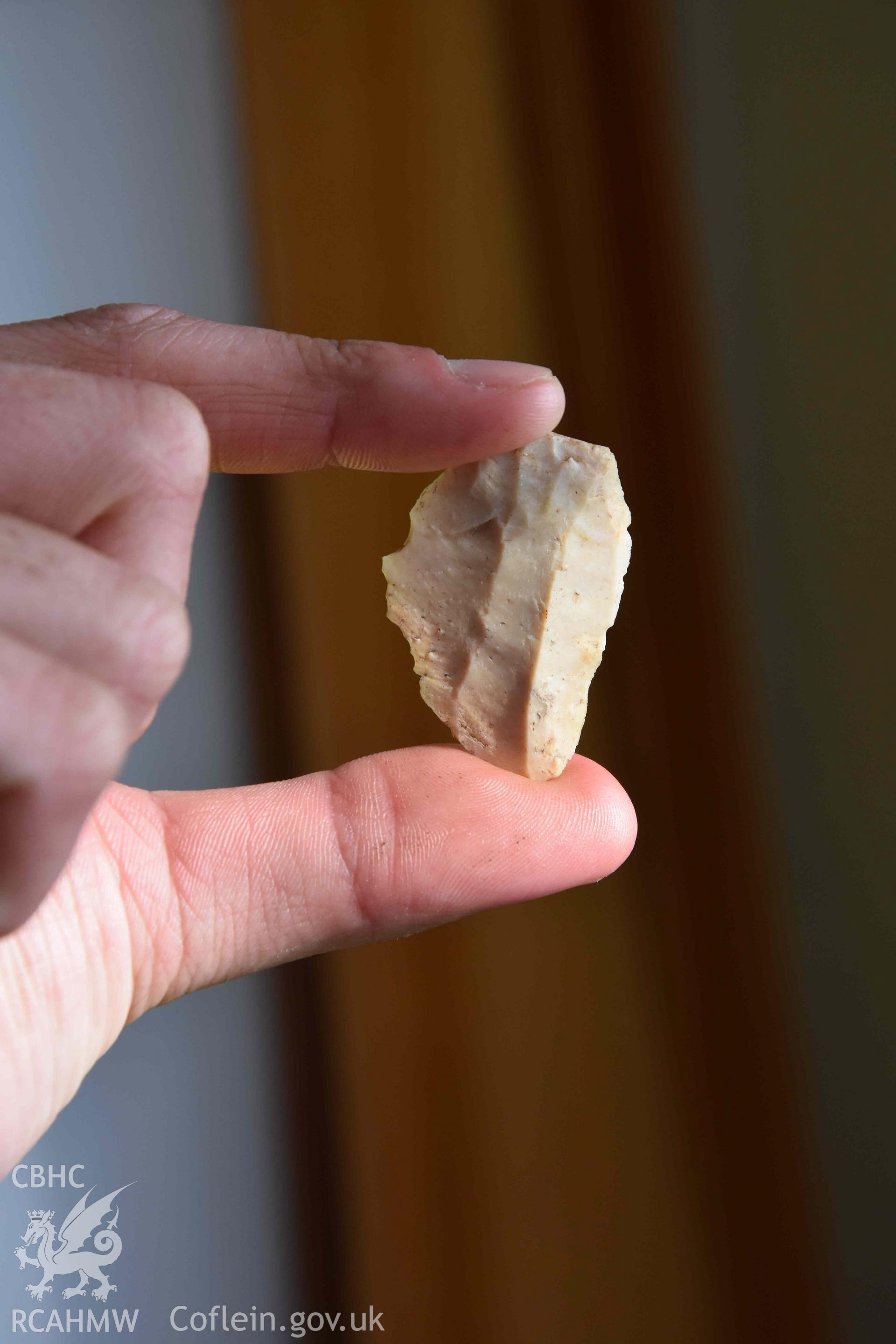 Henllwyn mesolithic flint find, May 2018. Utilised flint flake.