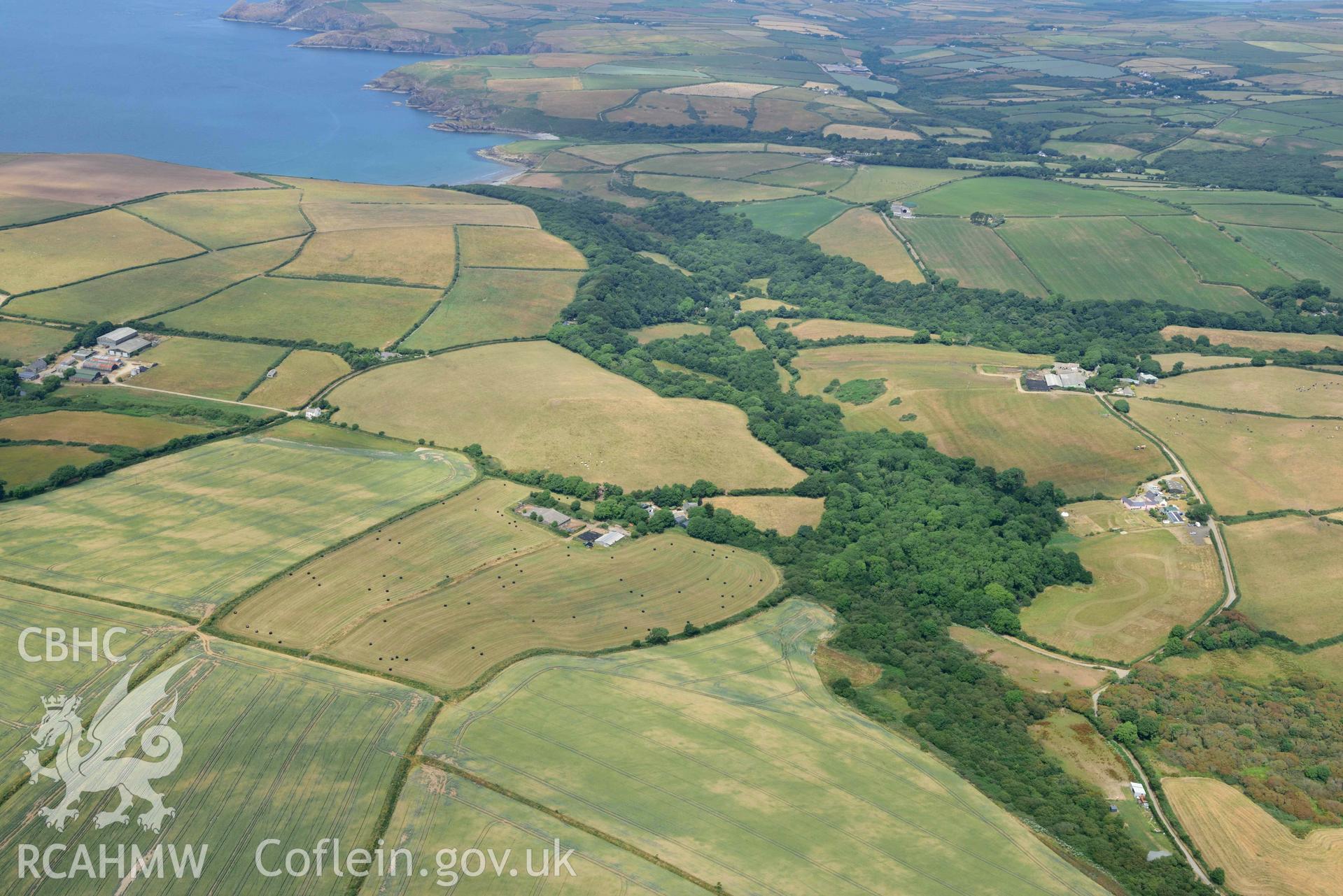 RCAHMW colour oblique aerial photograph of Pant y rhedyn enclosure, Mathry taken on 11 July 2018 by Toby Driver