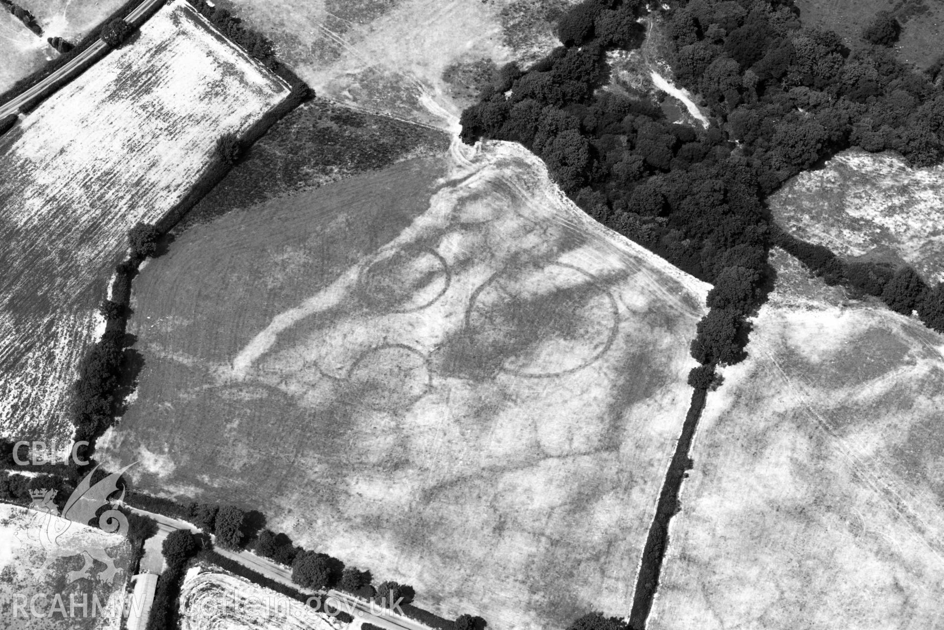 RCAHMW black and white oblique aerial photograph of Ffynnon groes or crosswell barrow cemetary taken on 18 July 2018 by Toby Driver