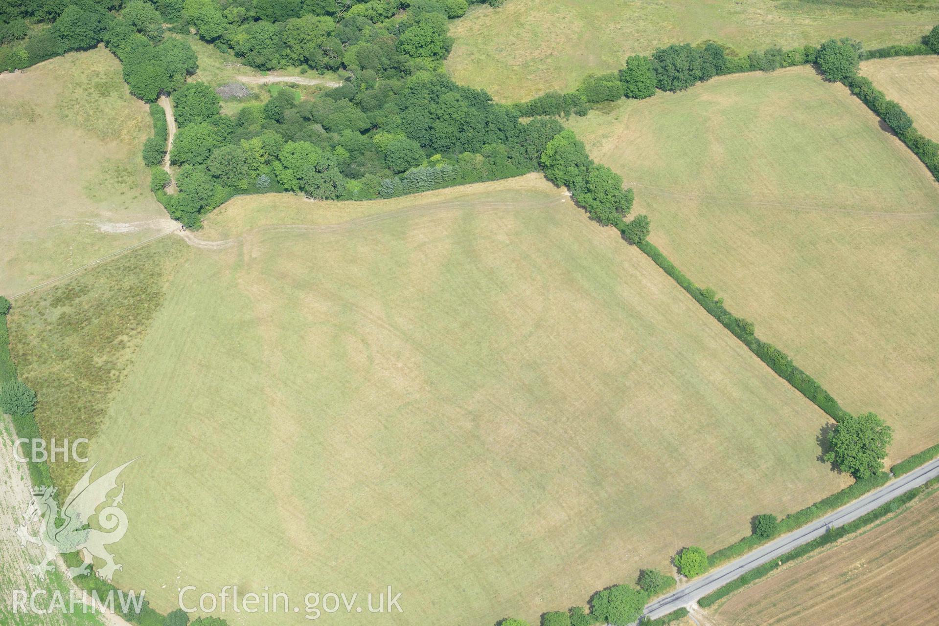 RCAHMW black and white oblique aerial photograph of Ffynnon groes or crosswell barrow cemetary taken on 18 July 2018 by Toby Driver