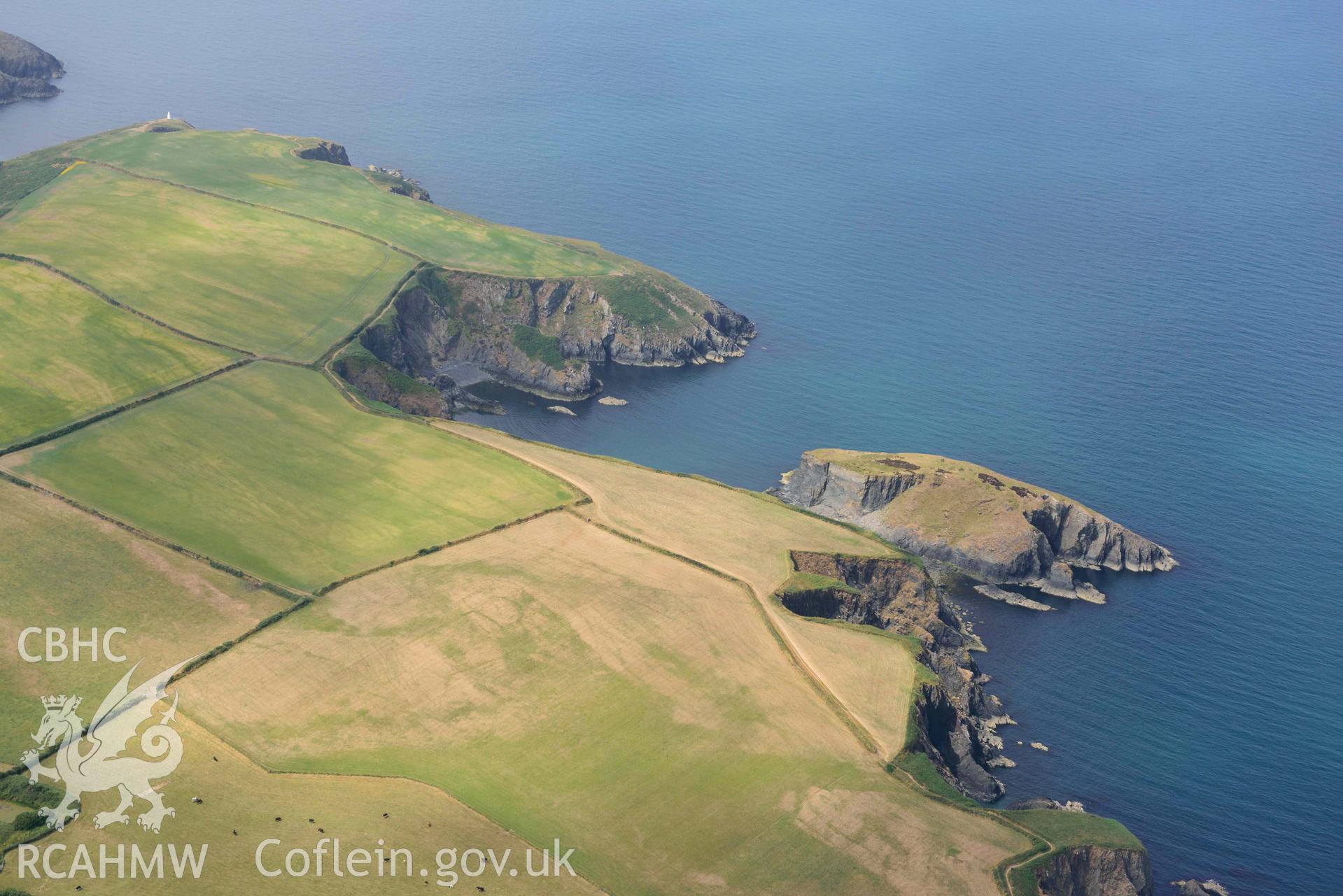 RCAHMW colour oblique aerial photograph of Henllys Porthgain enclosure cropmark taken on 11 July 2018 by Toby Driver