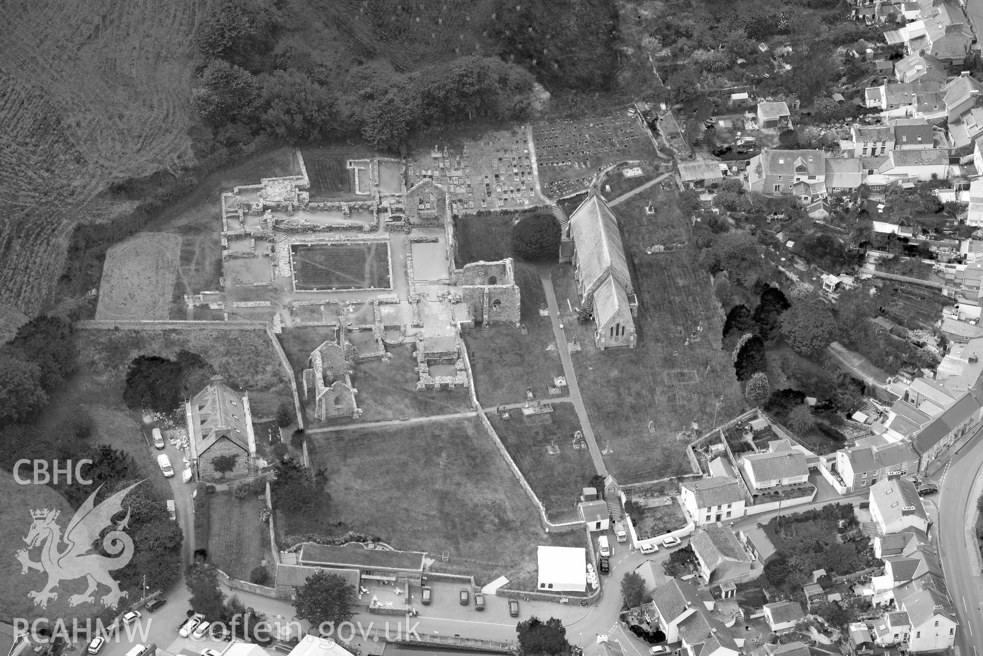 RCAHMW black and white oblique aerial photograph of St Dogmaels Abbey taken on 11 July 2018 by Toby Driver