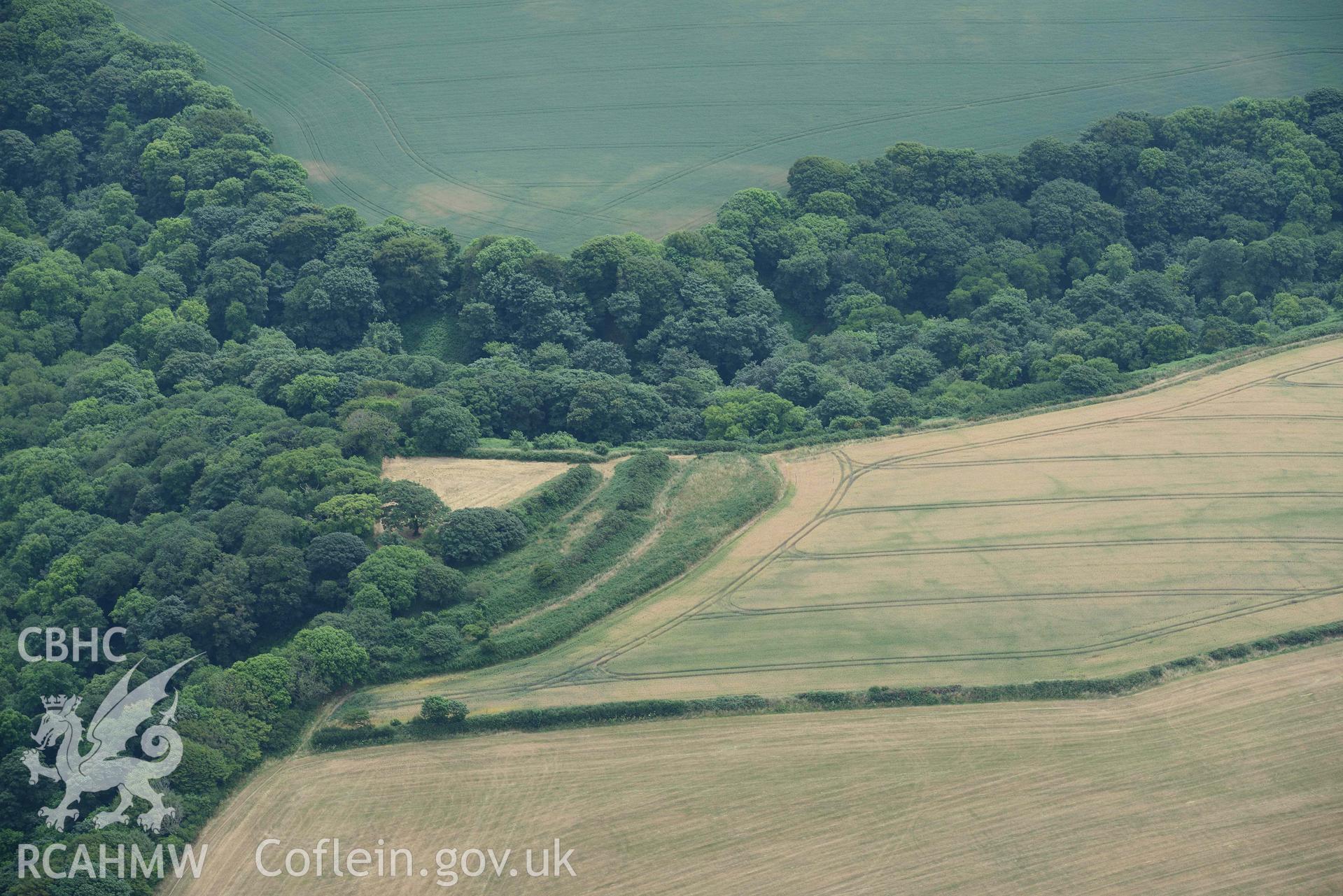 RCAHMW colour oblique aerial photograph of Brawdy promontory fort, with crop marks taken on 11 July 2018 by Toby Driver