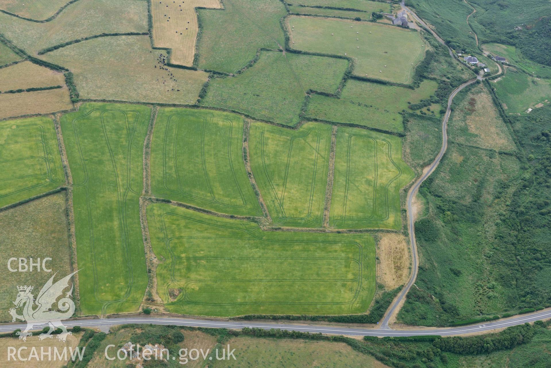 RCAHMW colour oblique aerial photograph of Pont Clegyr cropmark taken on 11 July 2018 by Toby Driver