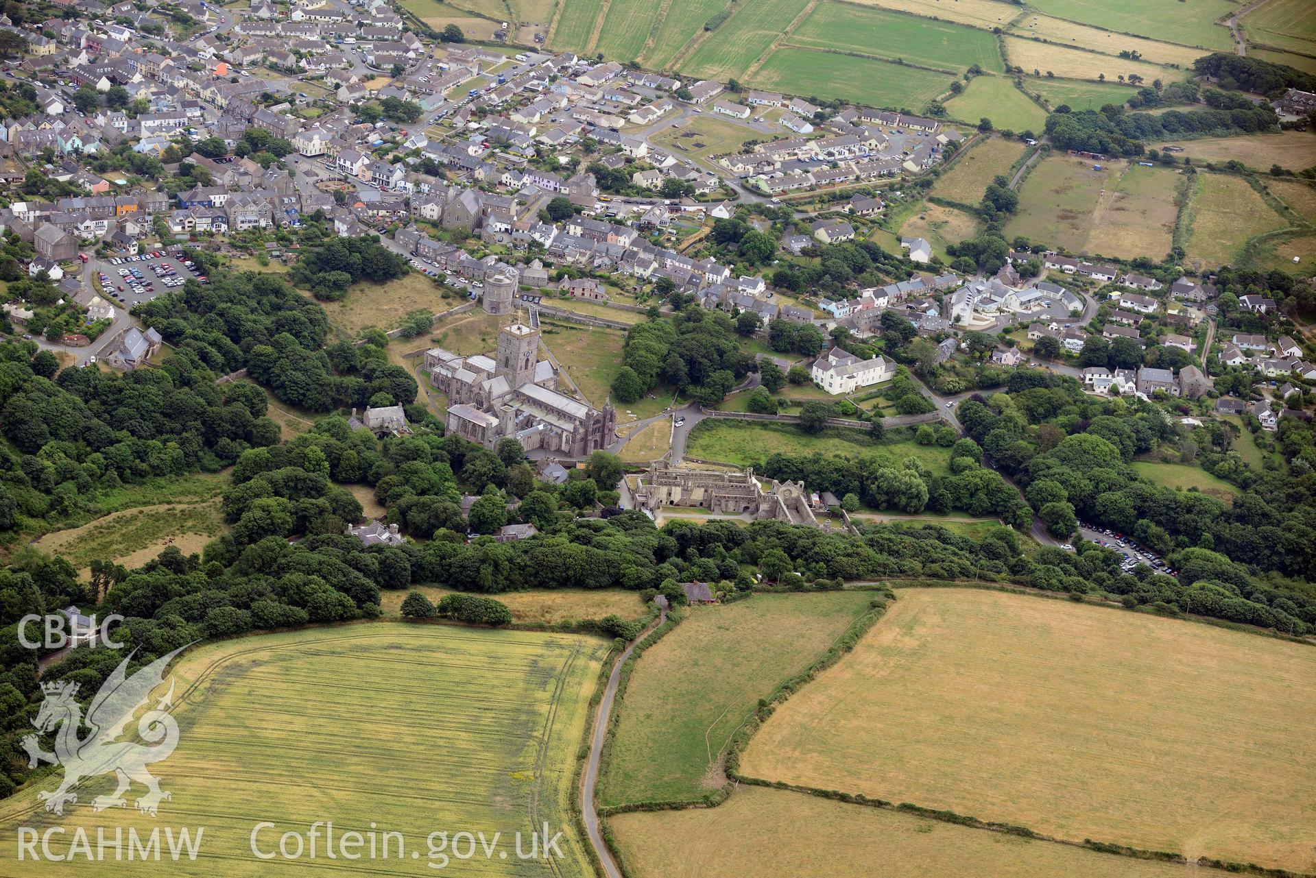 RCAHMW colour oblique aerial photograph of Pont y Penyd cropmarks taken on 11 July 2018 by Toby Driver