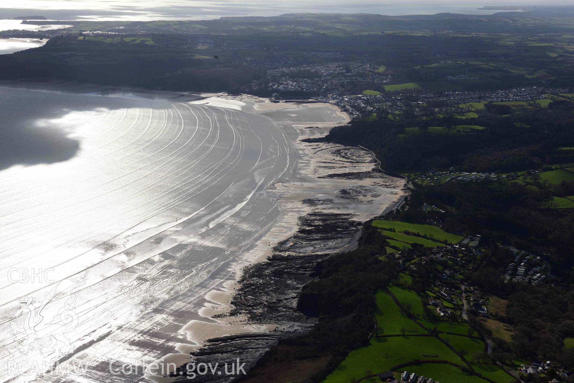 RCAHMW colour oblique aerial photograph of Wiseman's Bridge, coastal exposures following storms taken on 4 March 2022 by Toby Driver ((SN146060)