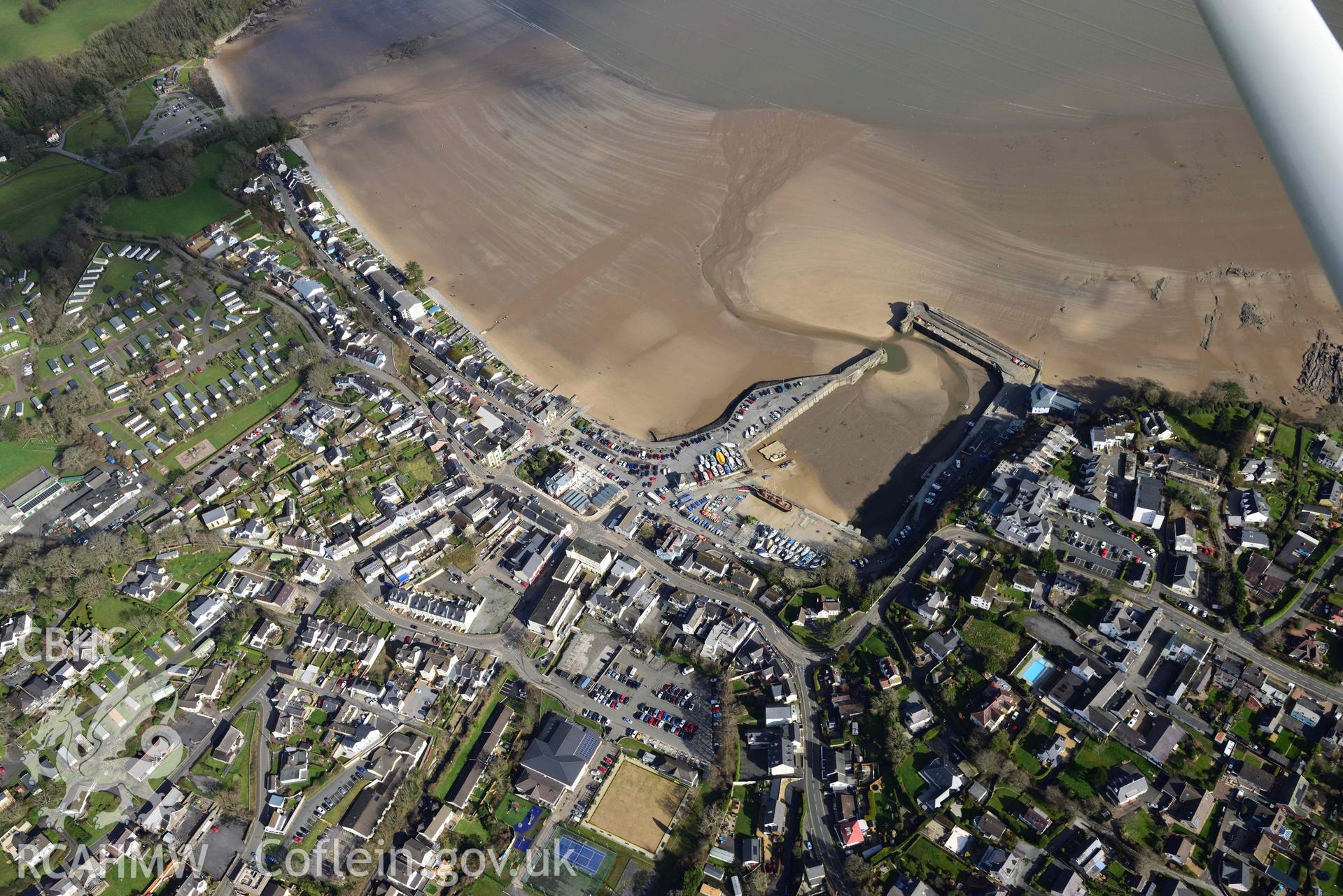 RCAHMW colour oblique aerial photograph of Saundersfoot town and harbour taken on 4 March 2022 by Toby Driver ((SN135048)