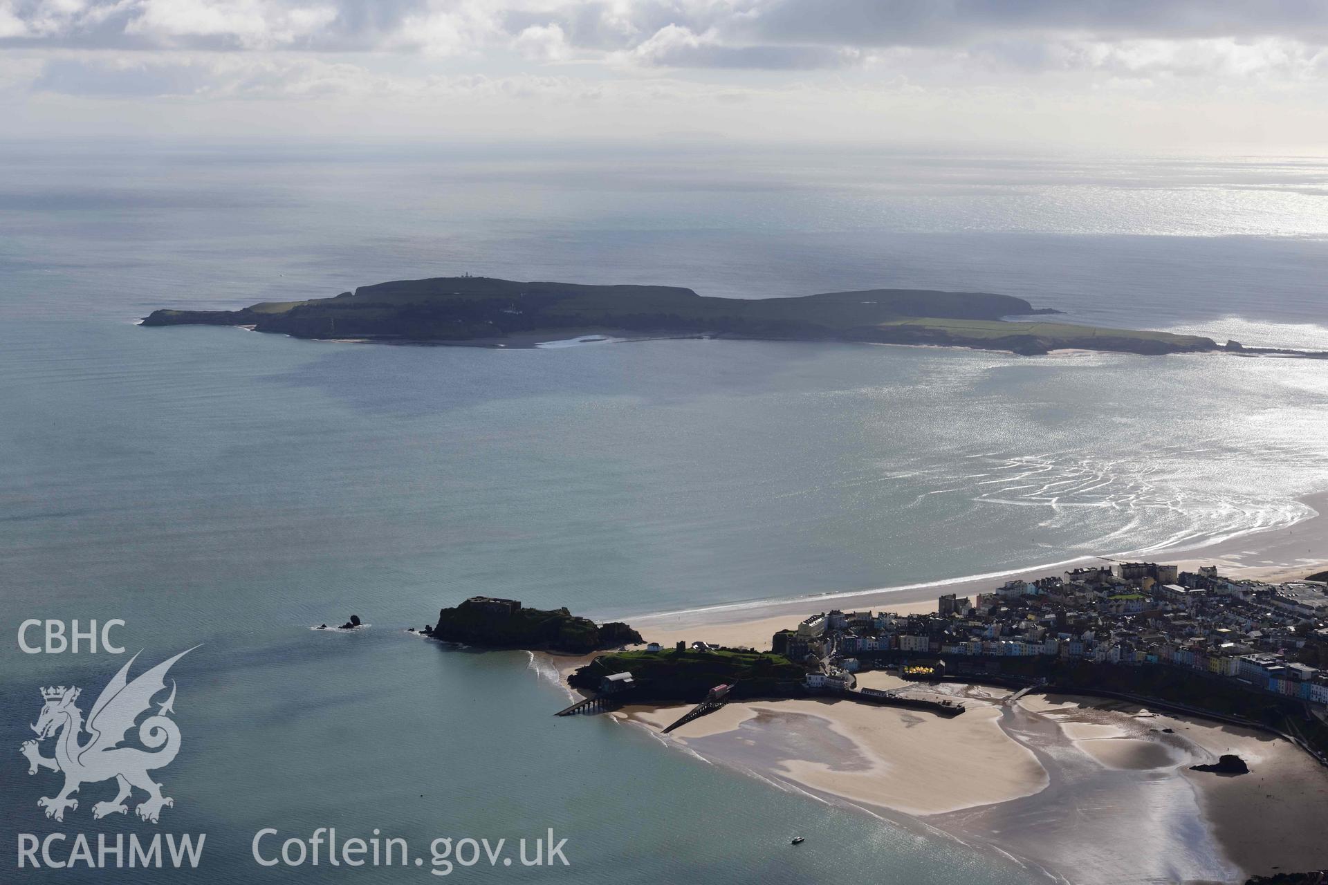 RCAHMW colour oblique aerial photograph of Caldey Island, view from north over Tenby taken on 4 March 2022 by Toby Driver ((SS141965)