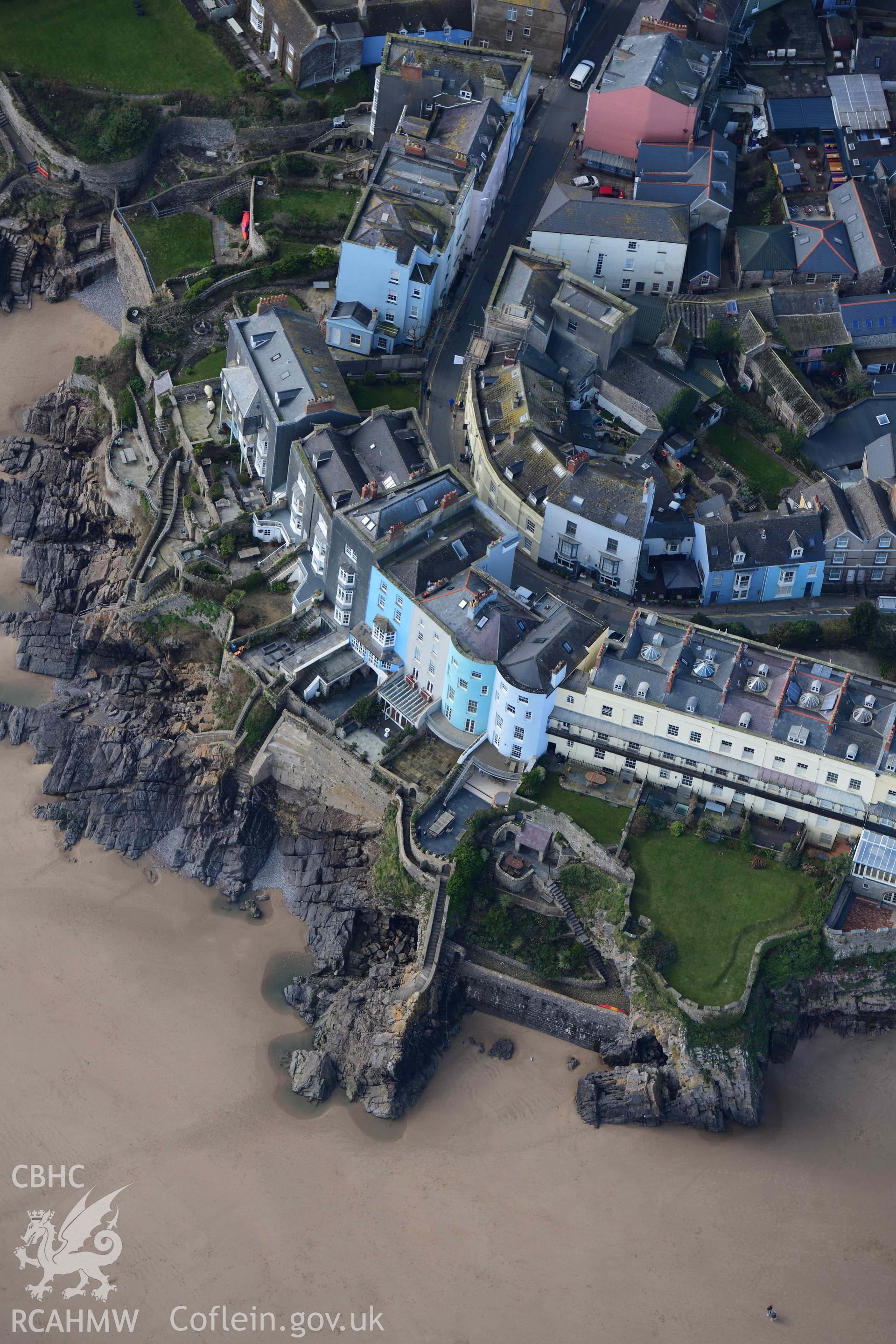 RCAHMW colour oblique aerial photograph of Tenby town with seafront villas taken on 4 March 2022 by Toby Driver ((SN136003)