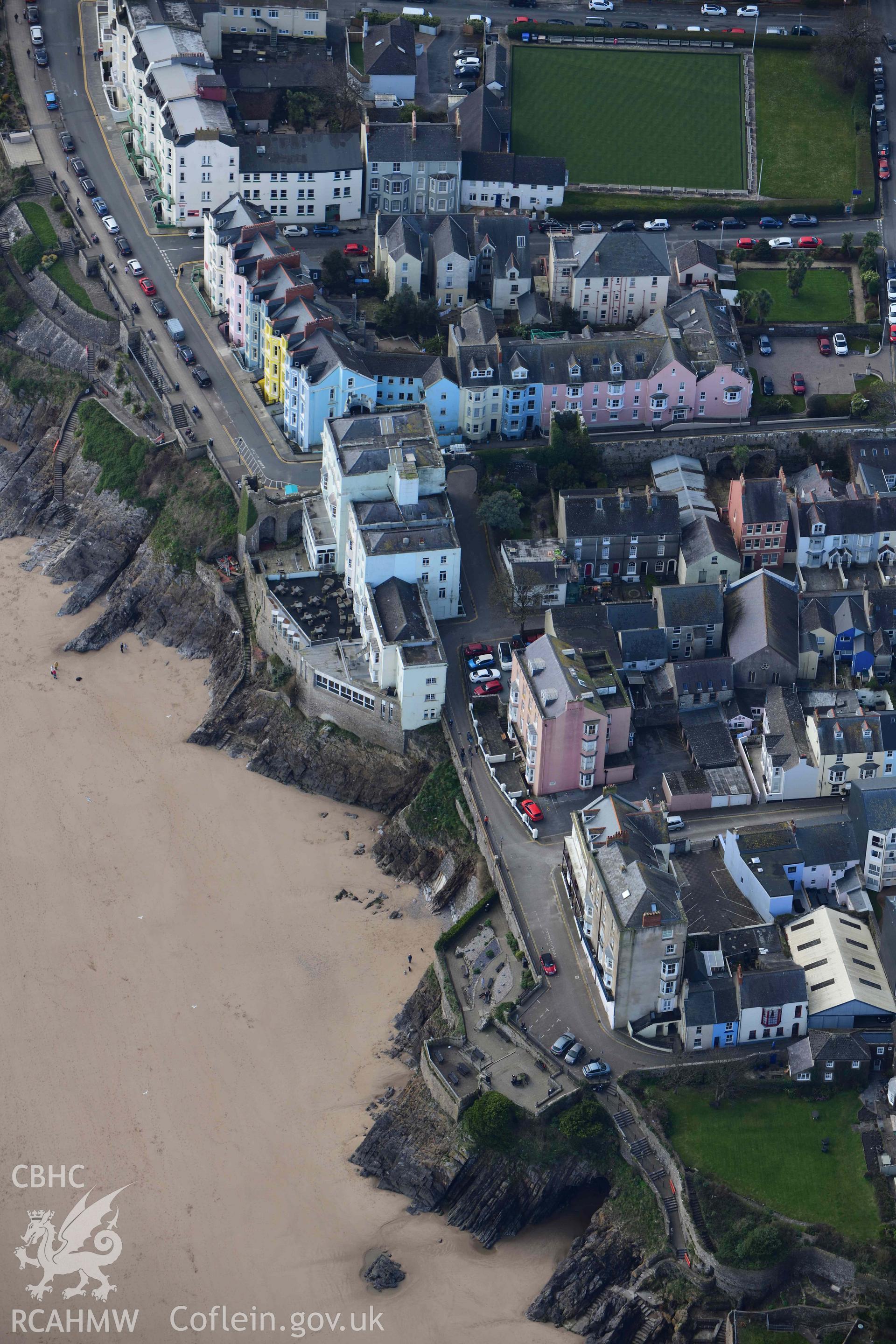 RCAHMW colour oblique aerial photograph of Tenby town with seafront villas taken on 4 March 2022 by Toby Driver ((SN136003)