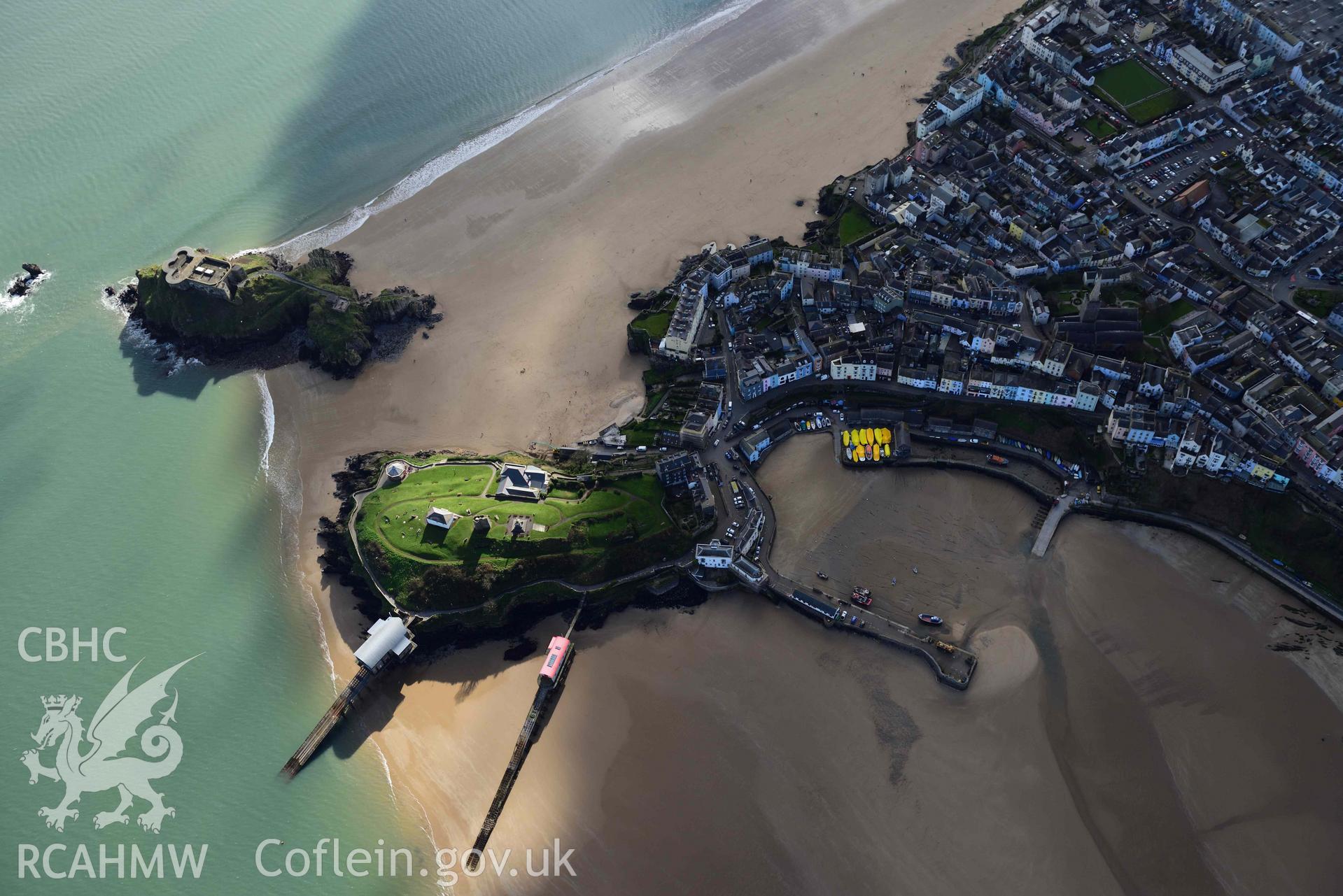 RCAHMW colour oblique aerial photograph of Tenby town and harbour, view from NW taken on 4 March 2022 by Toby Driver ((SN136005)