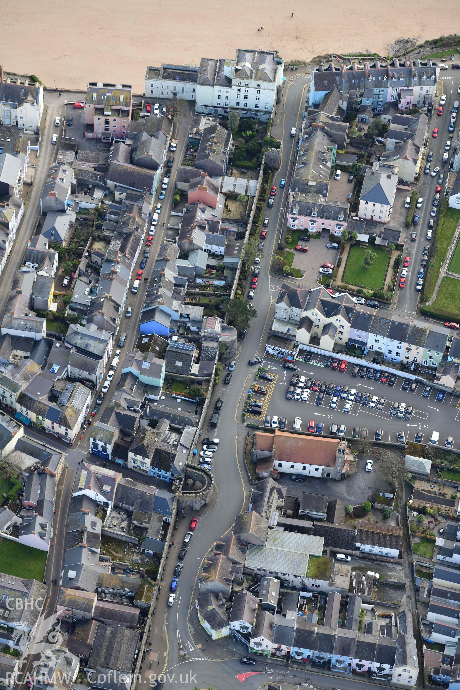 RCAHMW colour oblique aerial photograph of Tenby Town Walls, south section taken on 4 March 2022 by Toby Driver ((SN133003)