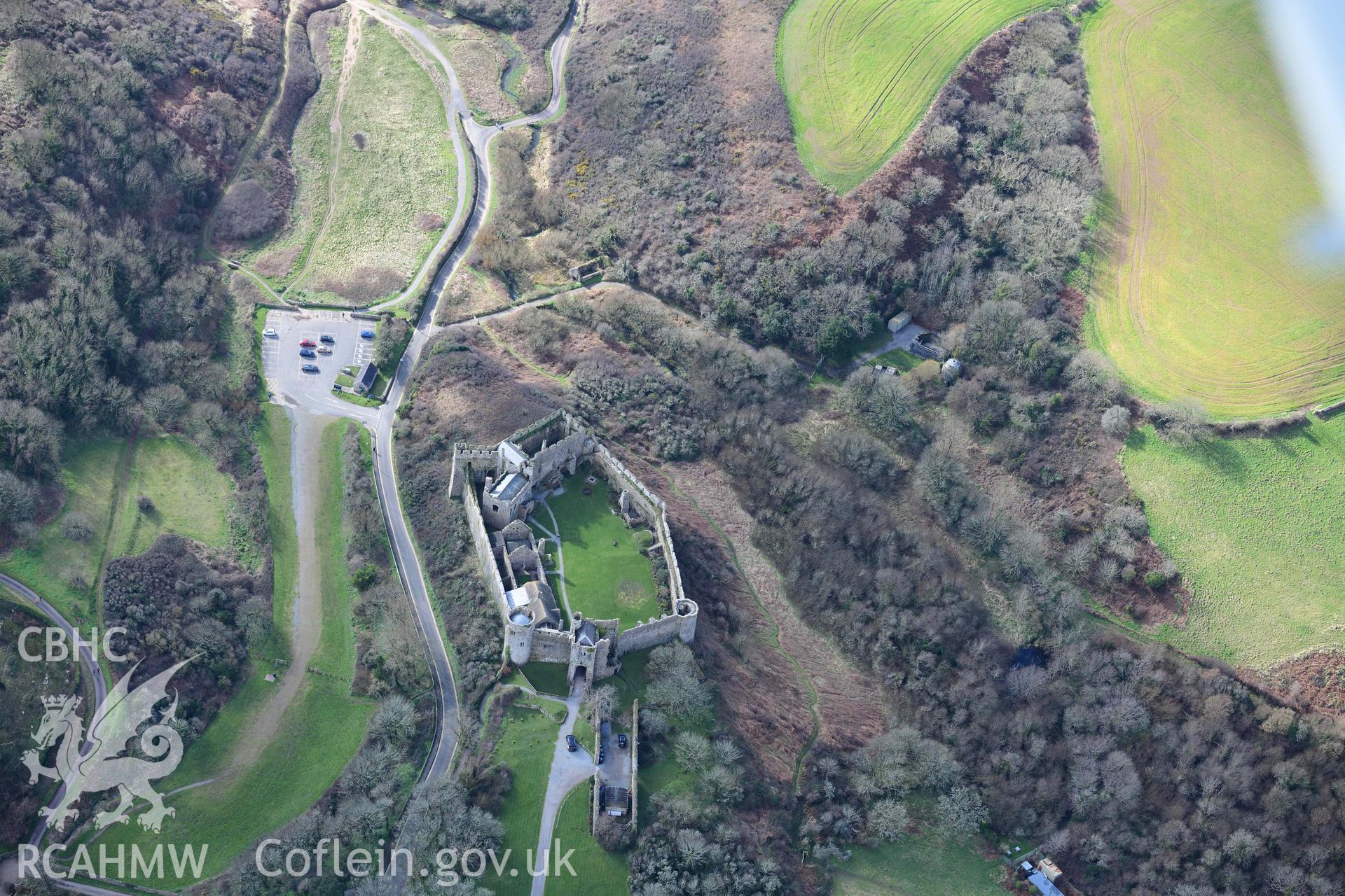 RCAHMW colour oblique aerial photograph of Manorbier Castle taken on 4 March 2022 by Toby Driver ((SS063979)