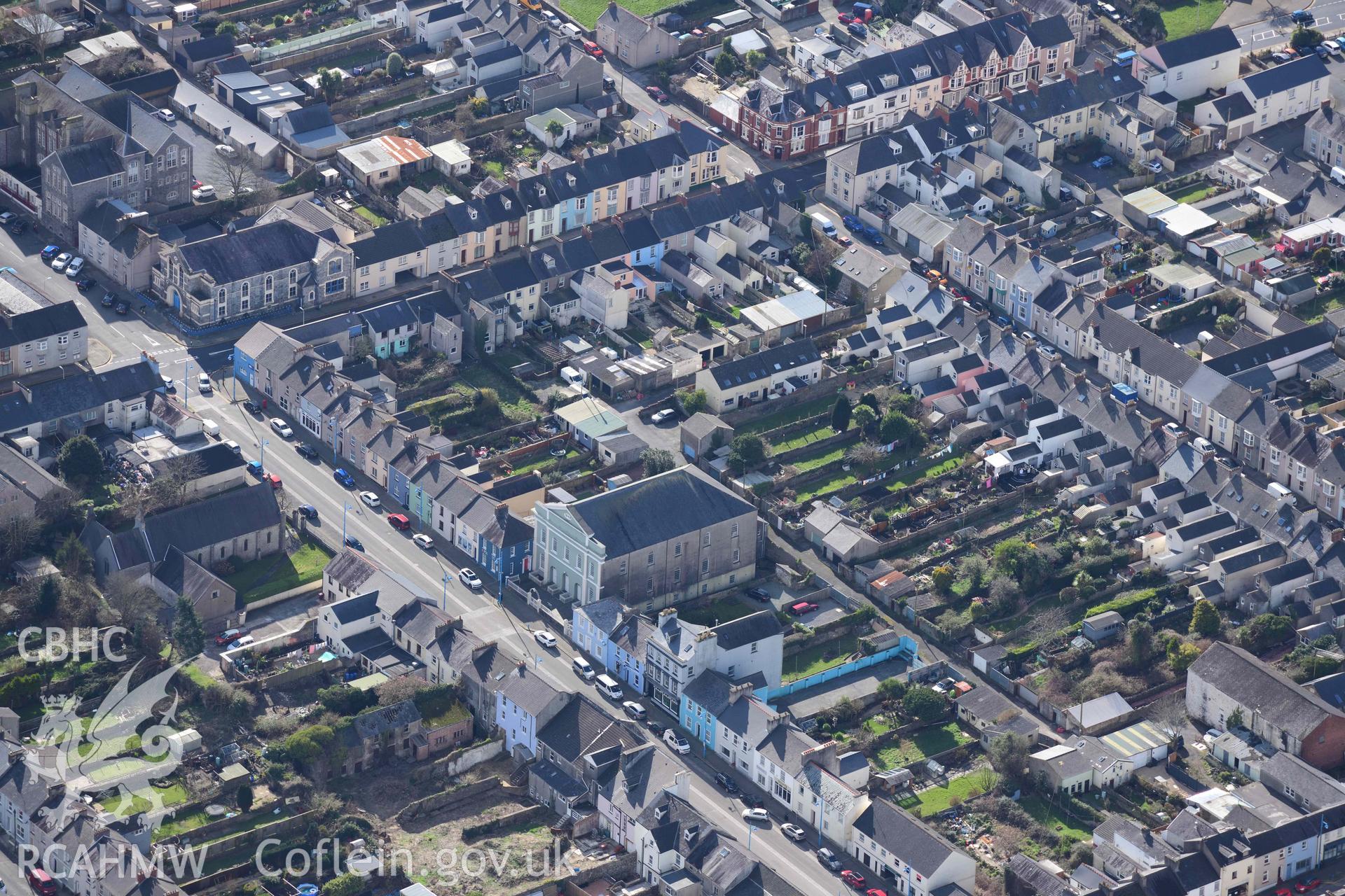 RCAHMW colour oblique aerial photograph of Zion Wesleyan Methodist Chapel, in Pembroke Dock townscape taken on 4 March 2022 by Toby Driver ((SM966034)