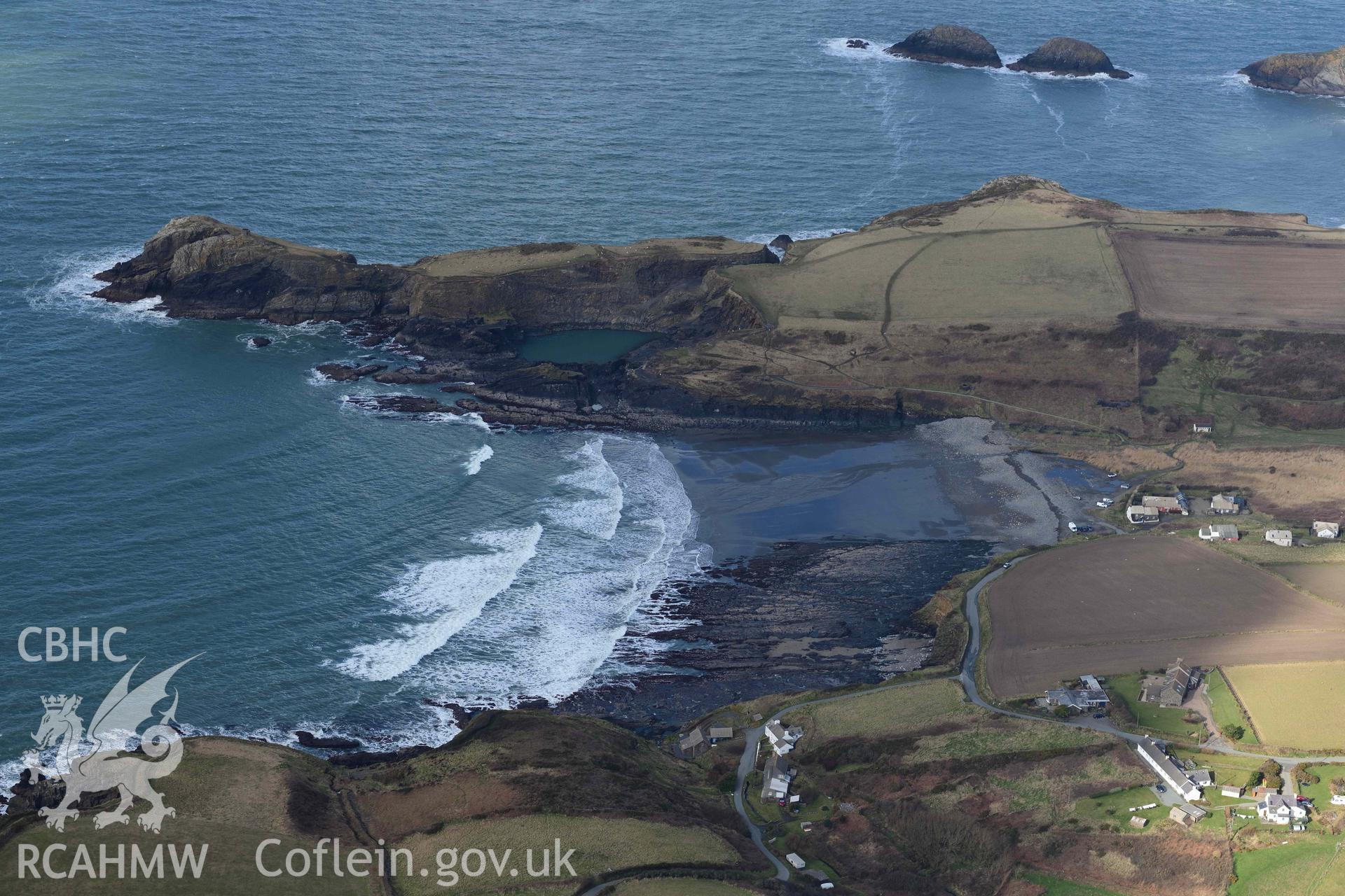 RCAHMW colour oblique aerial photograph of Abereiddi or Abereiddy Bay taken on 4 March 2022 by Toby Driver ((SM796312)