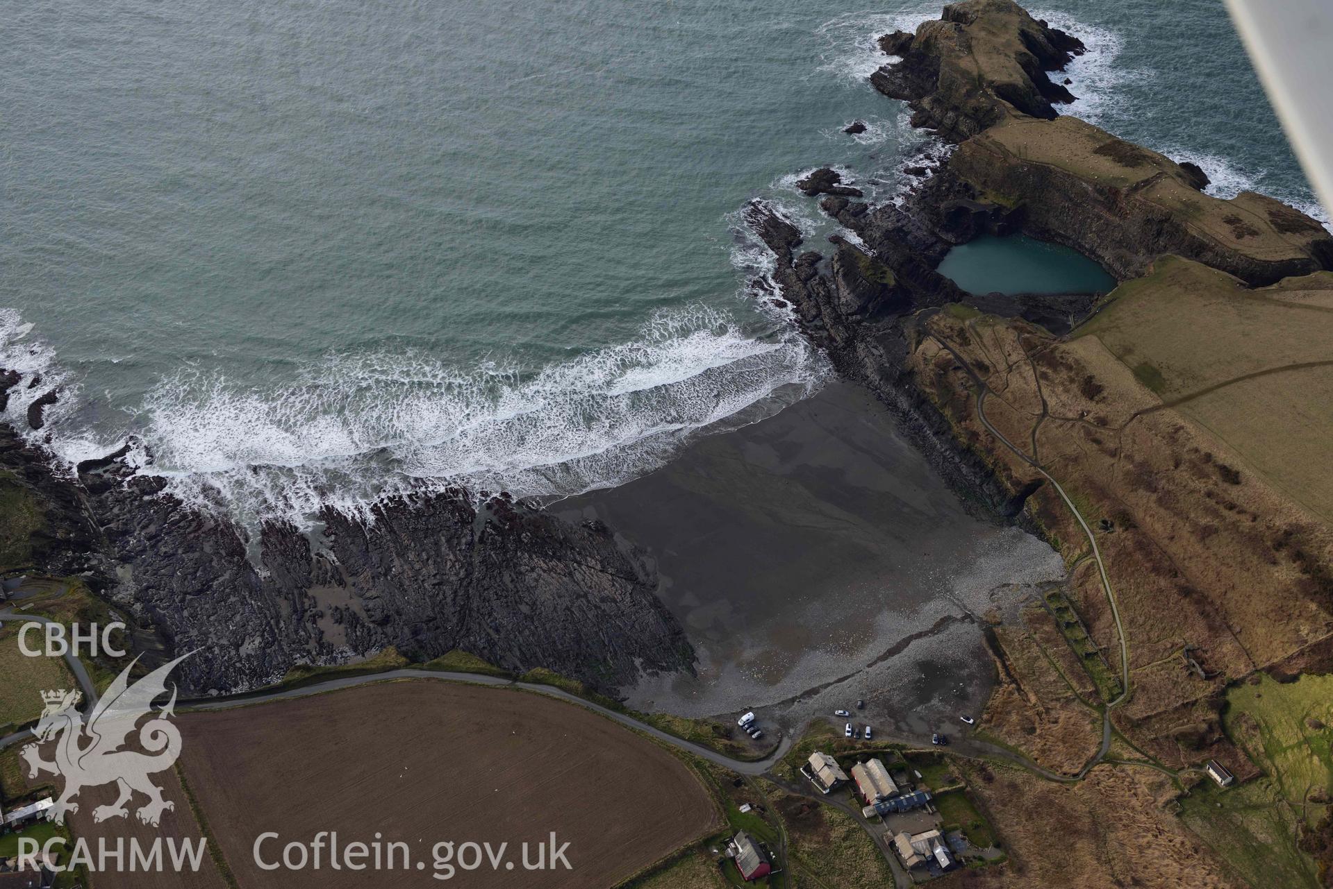 RCAHMW colour oblique aerial photograph of Abereiddi or Abereiddy Bay taken on 4 March 2022 by Toby Driver ((SM796312)