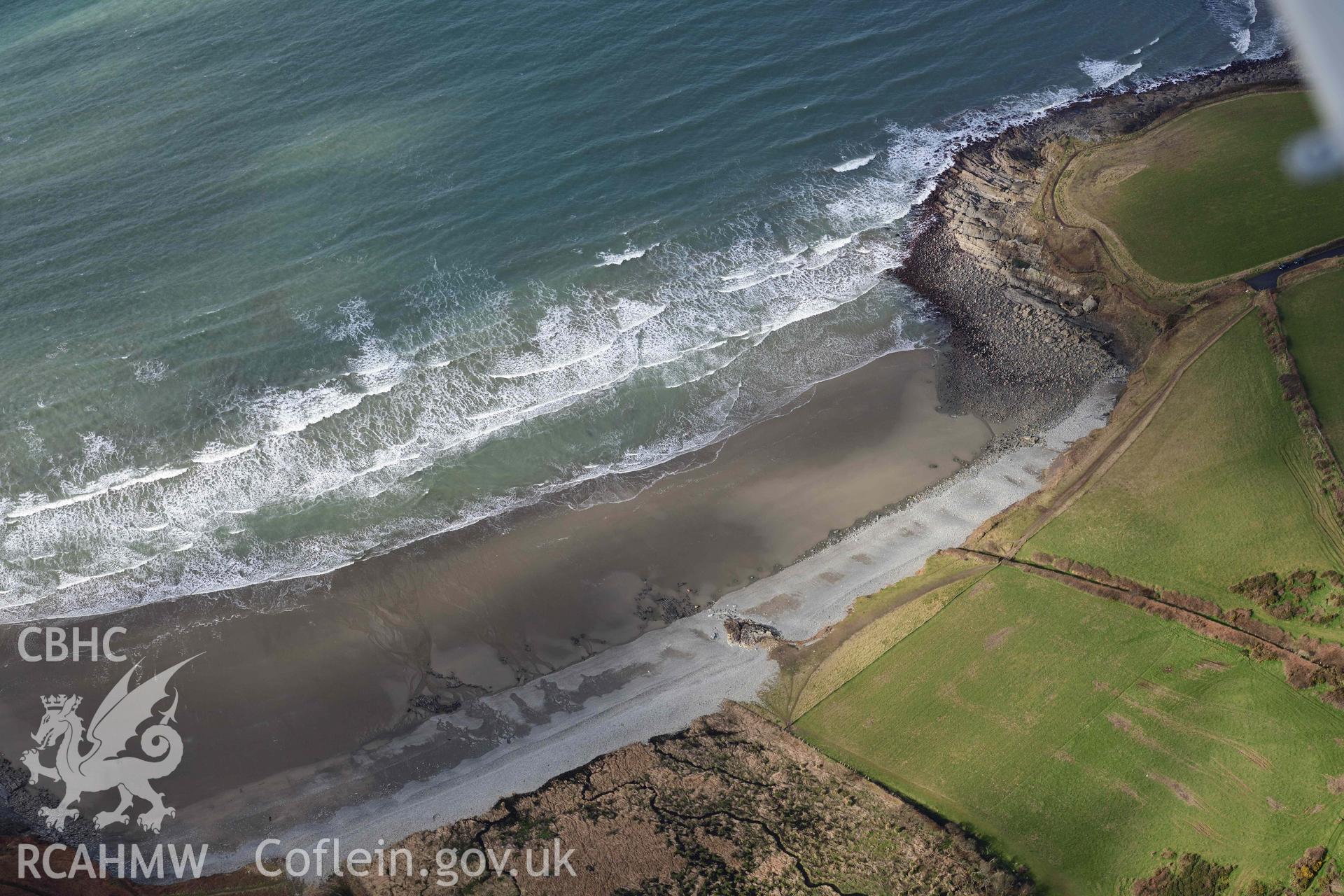 RCAHMW colour oblique aerial photograph of Mary Ann wreck(site of), Aber Mawr taken on 4 March 2022 by Toby Driver ((SM882346)