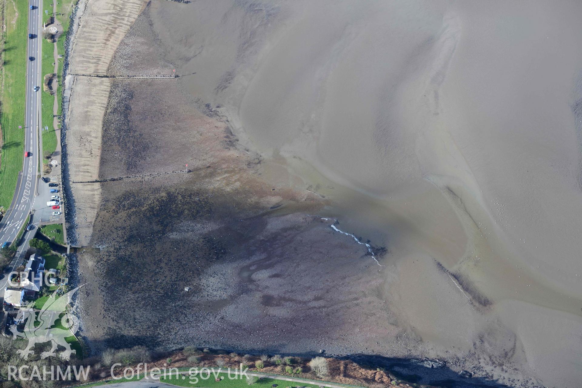 RCAHMW colour oblique aerial photograph of Fishguard harbour, site of wreck of Lizzie Edith taken on 4 March 2022 by Toby Driver ((SM951377)