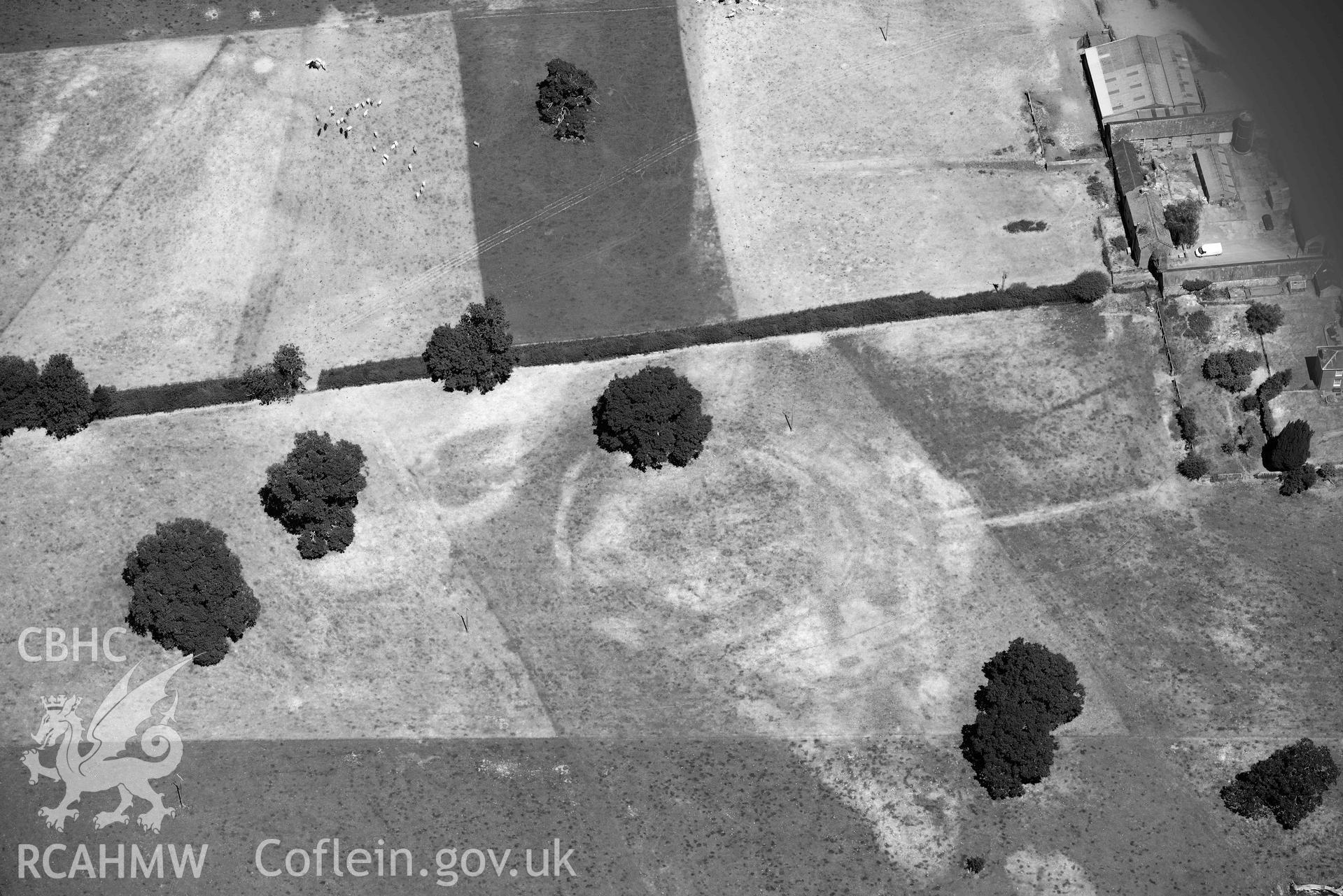 RCAHMW black and white oblique aerial photograph of Llanfair Farm defended enclosure taken on 9 July 2018 by Toby Driver