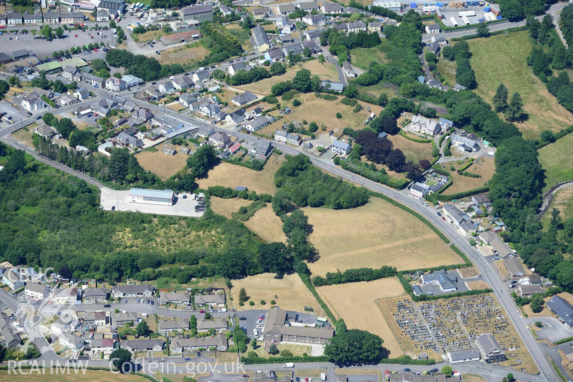 RCAHMW colour oblique aerial photograph of Llanybydder Roman road taken on 9 July 2018 by Toby Driver