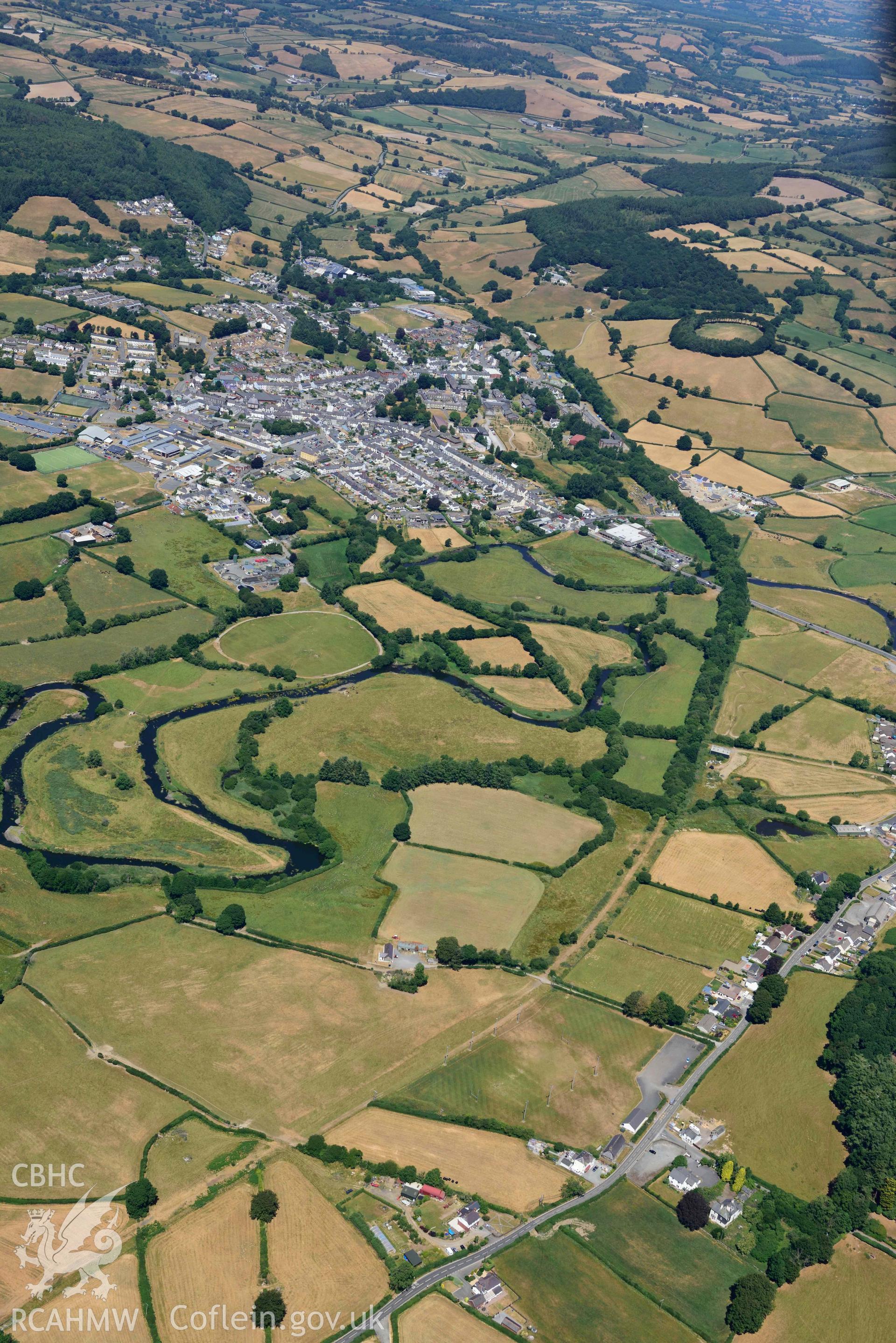 RCAHMW colour oblique aerial photograph of Cwmann rugby club ring ditches and Beili Coch enclosure taken on 9 July 2018 by Toby Driver