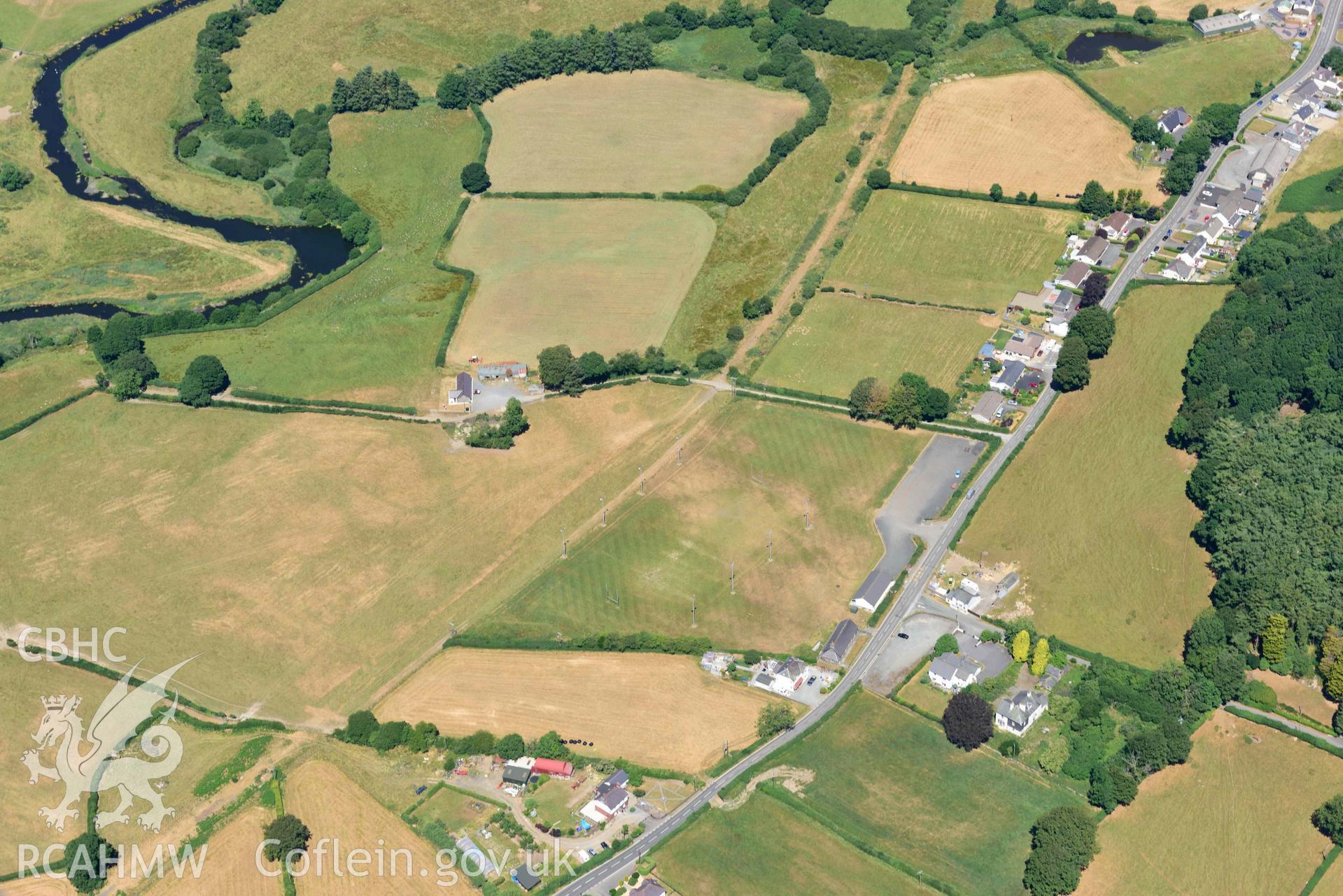 RCAHMW colour oblique aerial photograph of Cwmann rugby club ring ditches and Beili Coch enclosure taken on 9 July 2018 by Toby Driver