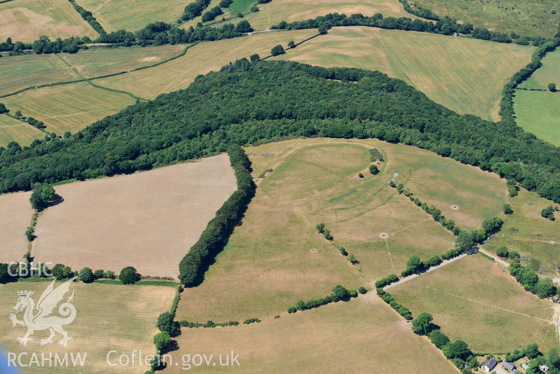 RCAHMW colour oblique aerial photograph of Castell Allt Goch lampeter and Roman camp at Castell Allt Goch taken on 9 July 2018 by Toby Driver