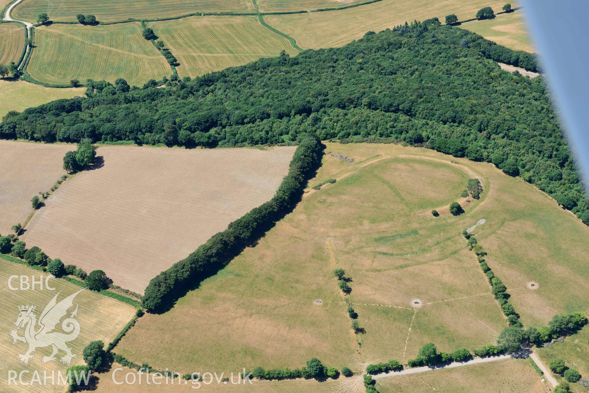 RCAHMW colour oblique aerial photograph of Castell Allt Goch lampeter and Roman camp at Castell Allt Goch taken on 9 July 2018 by Toby Driver