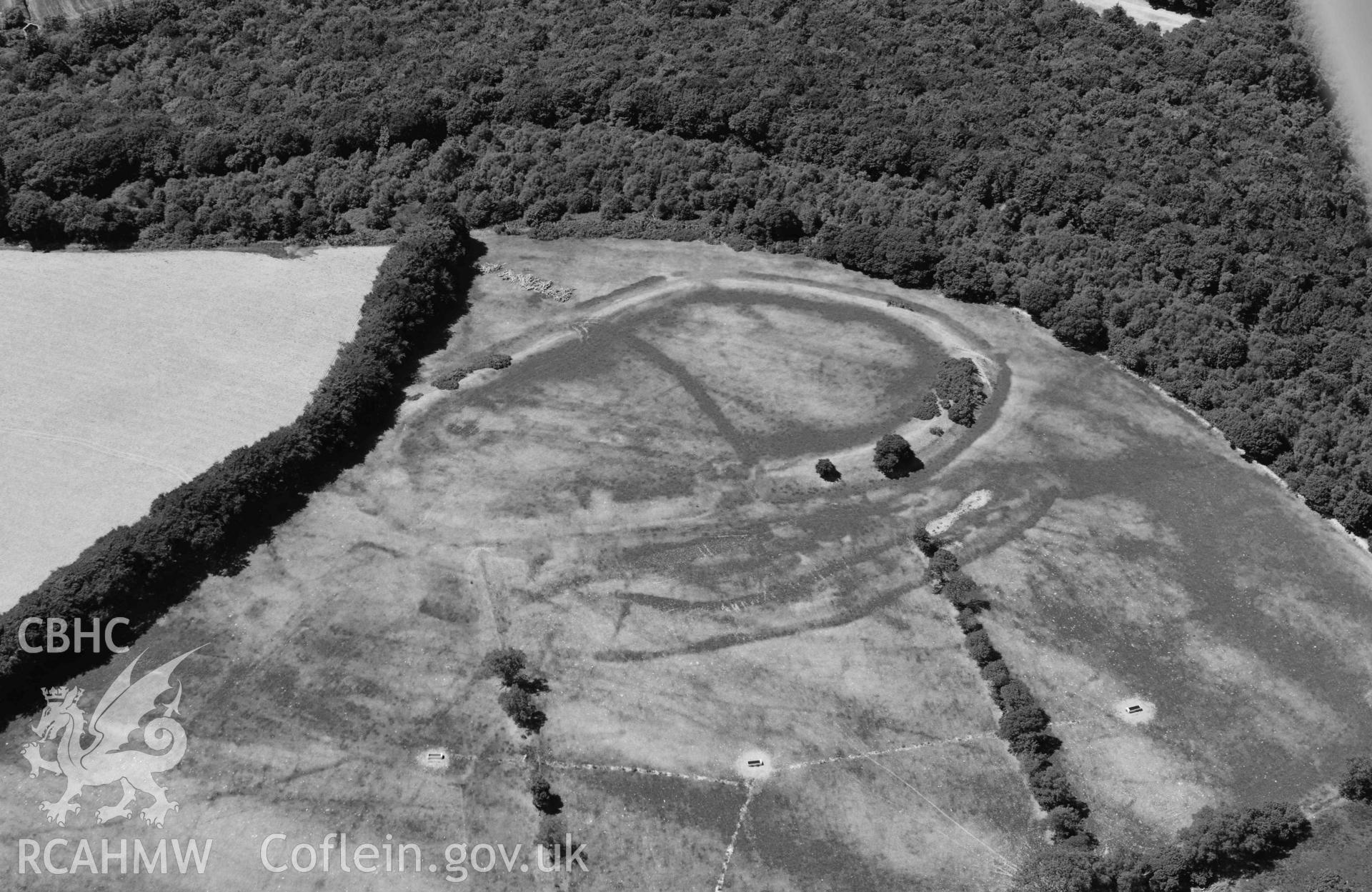 RCAHMW black and white oblique aerial photograph of Castell Allt Goch lampeter and Roman camp at Castell Allt Goch taken on 9 July 2018 by Toby Driver