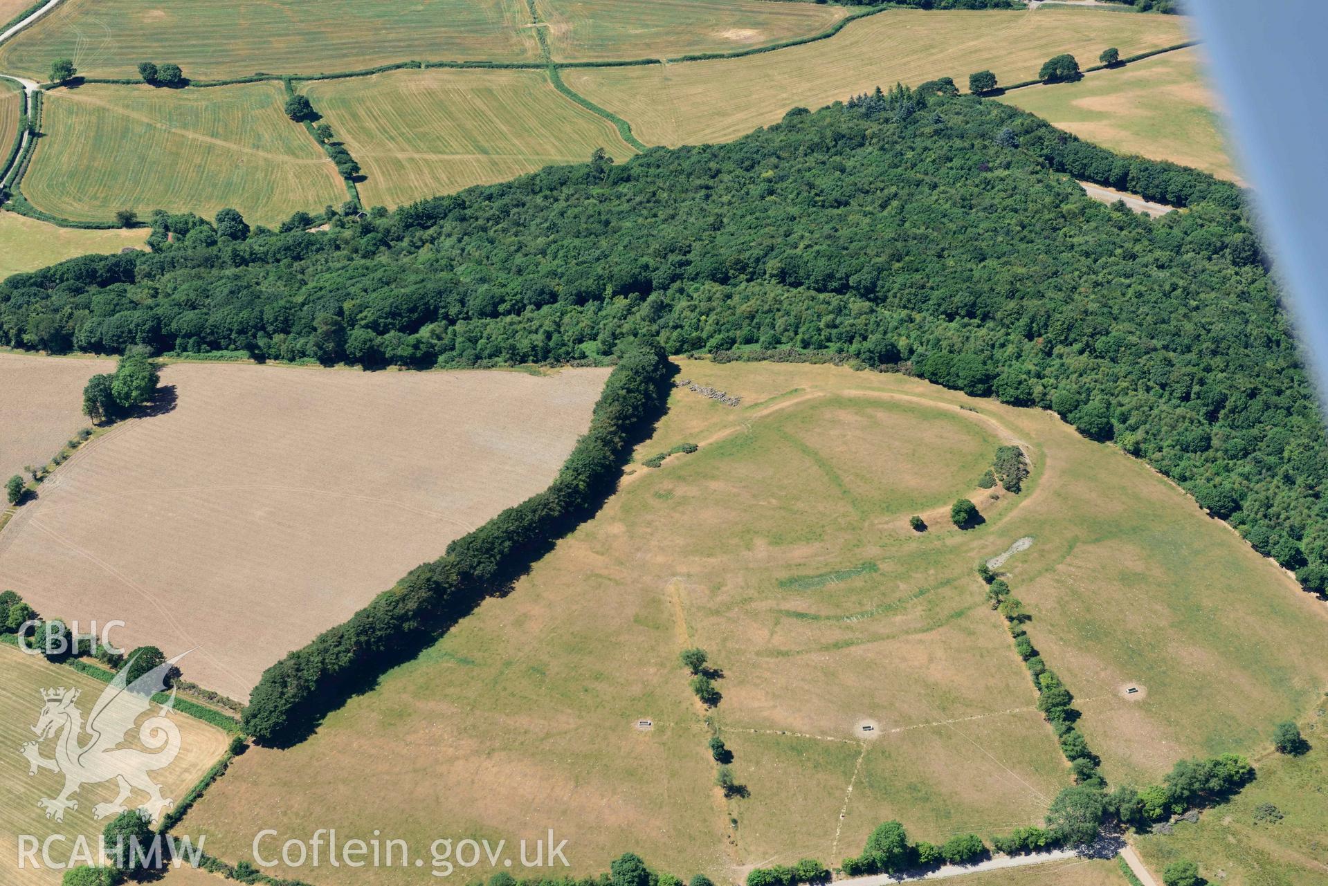 RCAHMW colour oblique aerial photograph of Castell Allt Goch lampeter and Roman camp at Castell Allt Goch taken on 9 July 2018 by Toby Driver