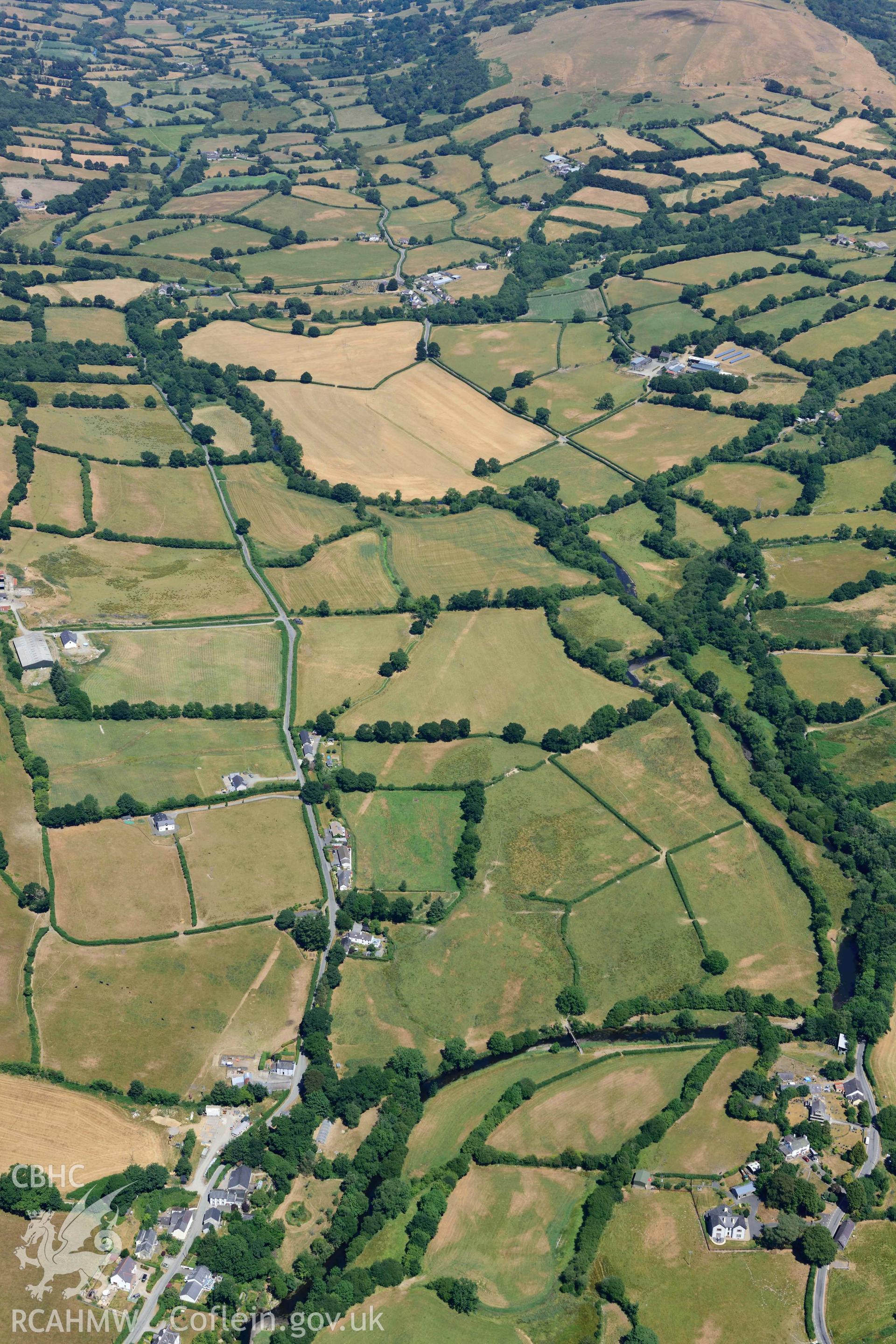 RCAHMW colour oblique aerial photograph of Roman road Llanfair Clydogau taken on 9 July 2018 by Toby Driver