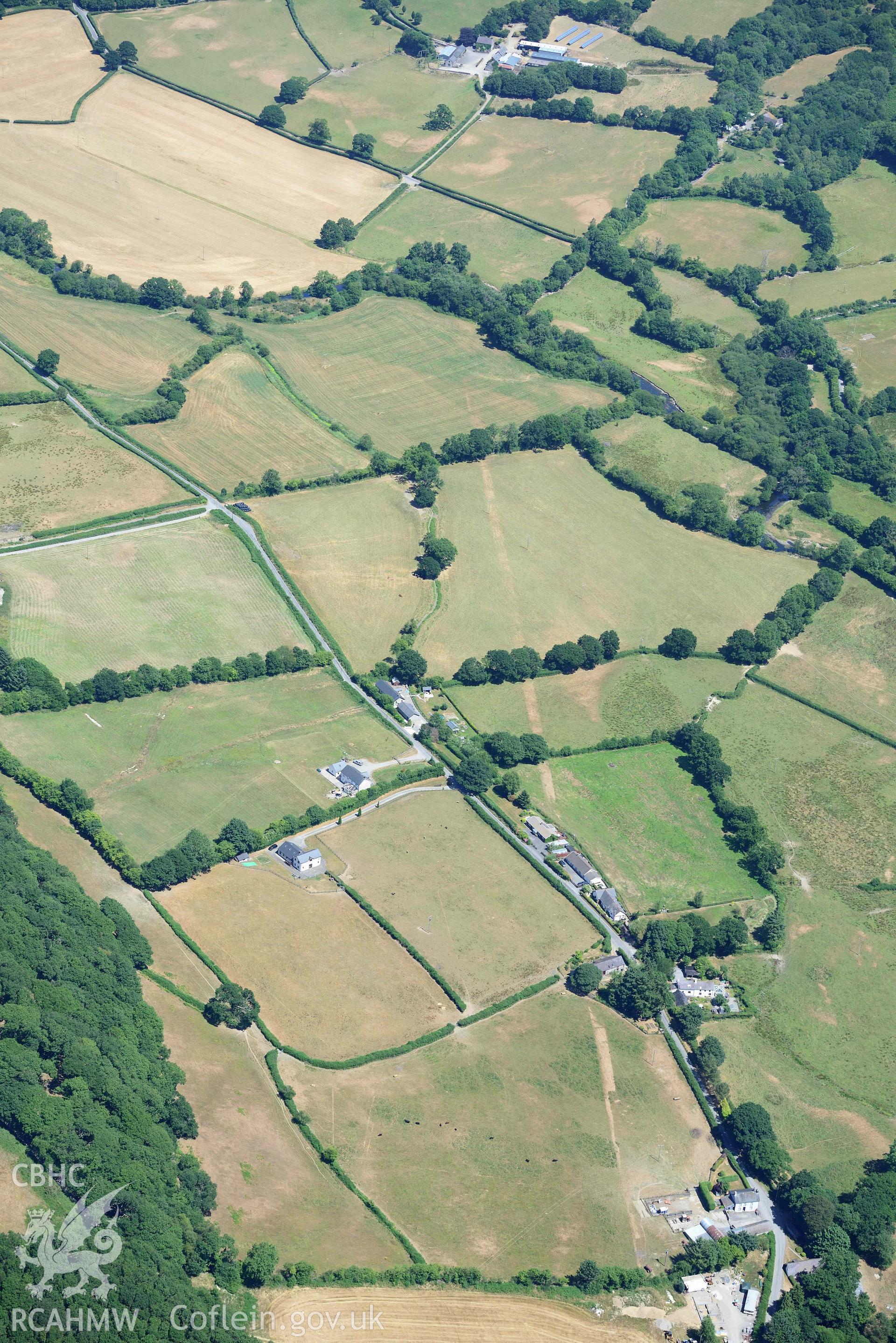 RCAHMW colour oblique aerial photograph of Roman road Llanfair Clydogau taken on 9 July 2018 by Toby Driver