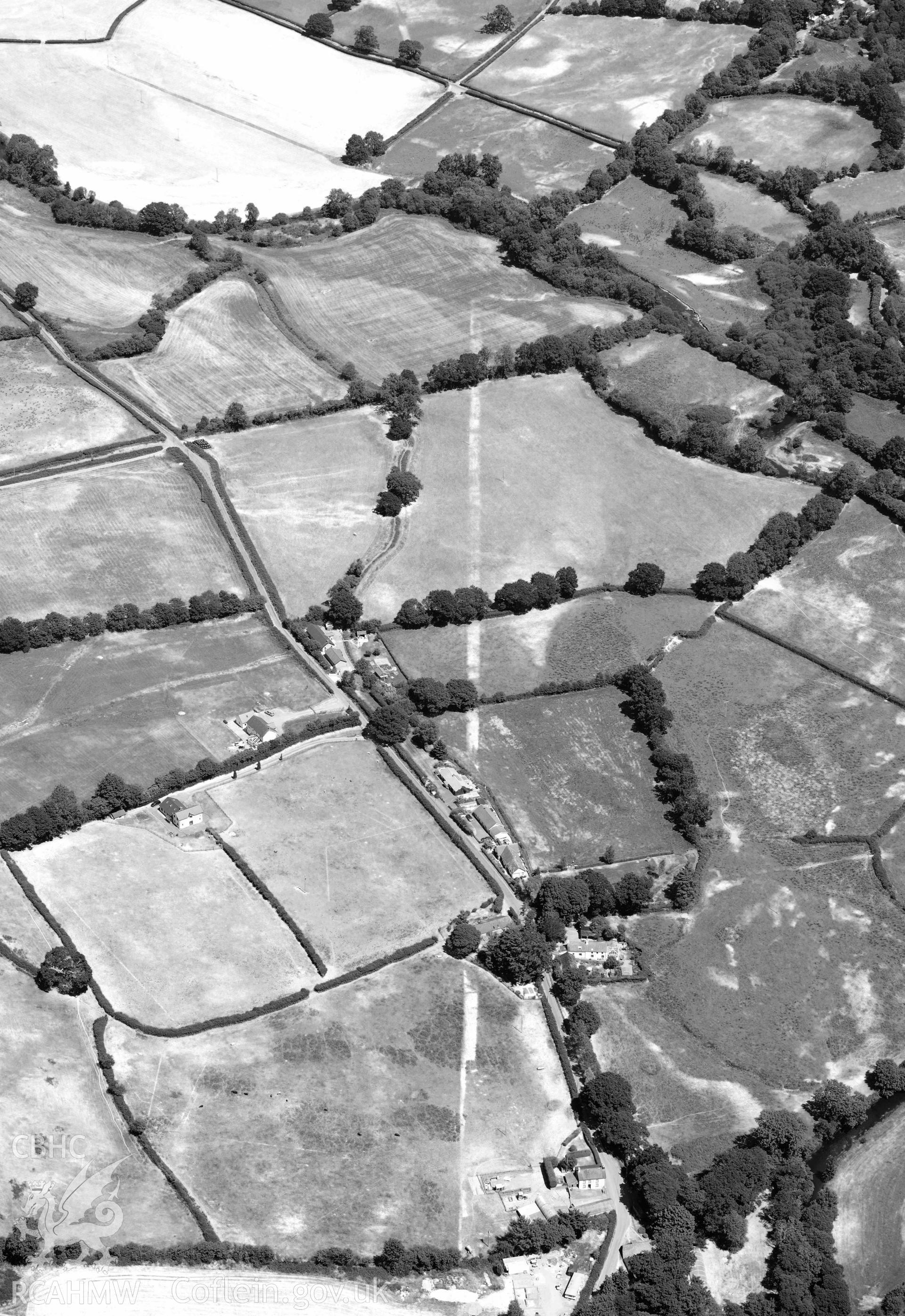 RCAHMW black and white oblique aerial photograph of Roman road Llanfair Clydogau taken on 9 July 2018 by Toby Driver