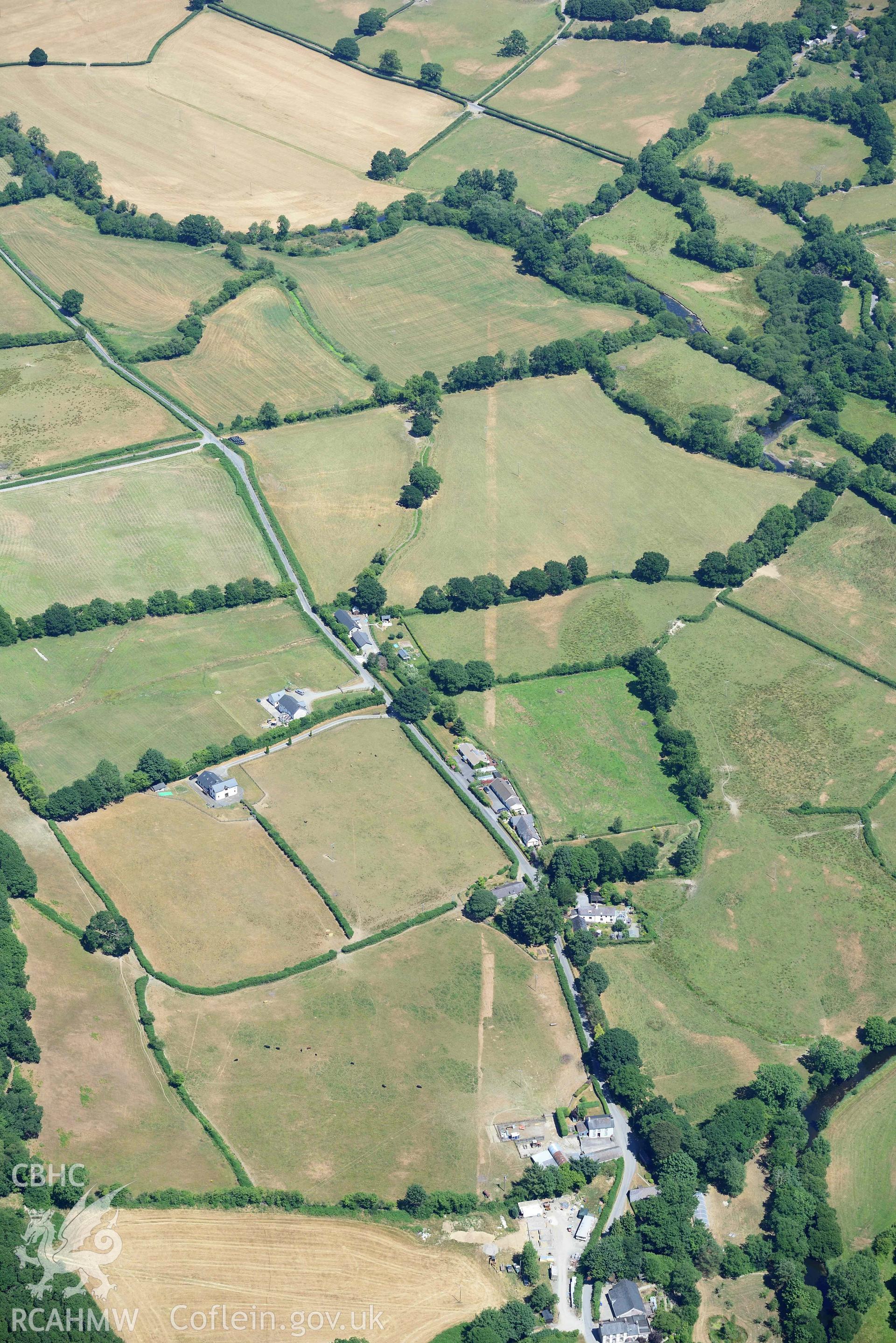 RCAHMW colour oblique aerial photograph of Roman road Llanfair Clydogau taken on 9 July 2018 by Toby Driver