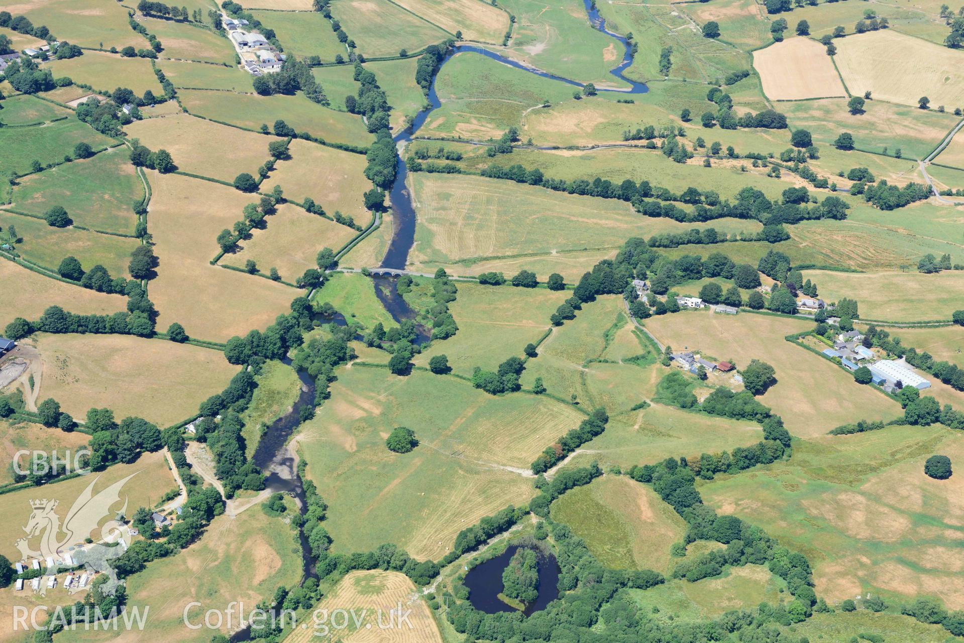 RCAHMW black and white oblique aerial photograph of Roman road,  Pont Gogoyan taken on 9 July 2018 by Toby Driver