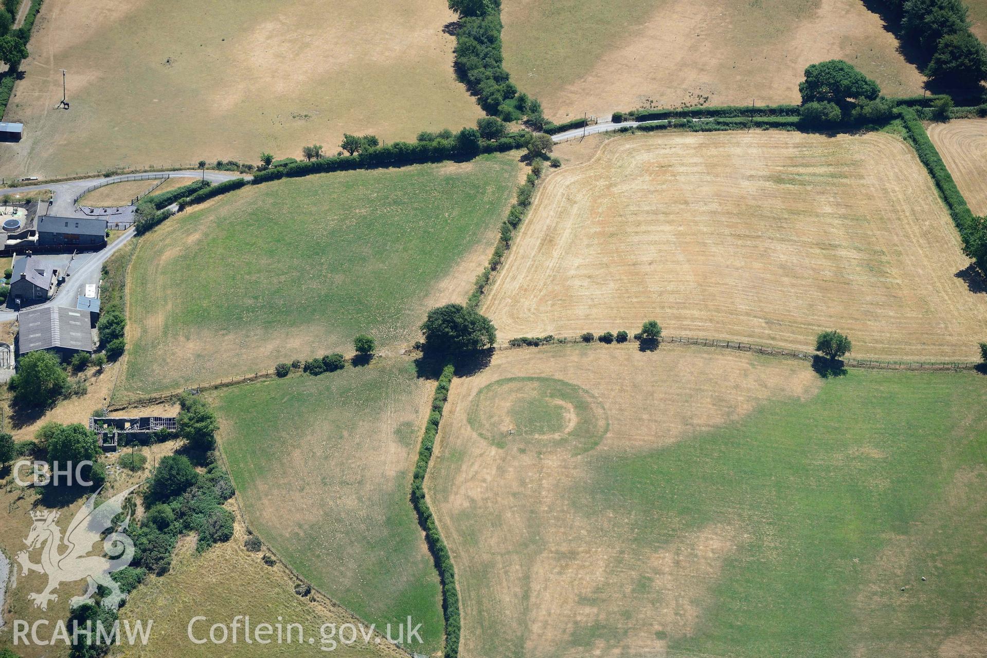 RCAHMW black and white oblique aerial photograph of  Castell Llwyn Gwinau taken on 9 July 2018 by Toby Driver