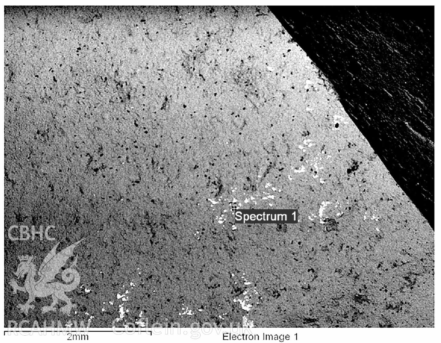 Scanning Electron Microscopy image 1 of the deposit on the 2003 flint microdenticulate (NPRN 424528). © Crown: CHERISH PROJECT. Produced with EU funds through the Ireland Wales Co-operation Programme 2014-2020. All material made freely available through the Open Government Licence.