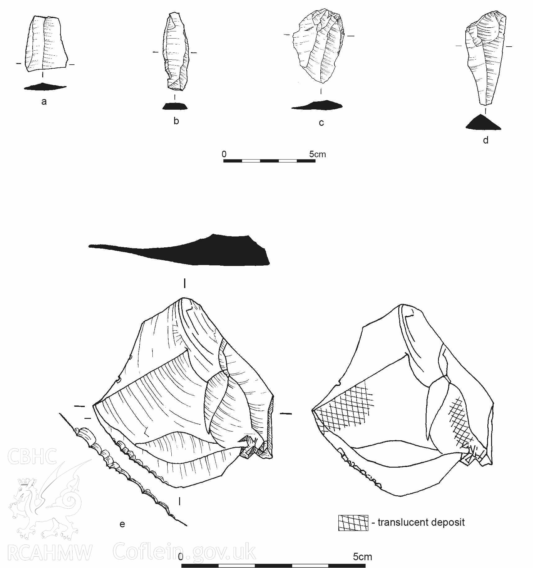 Drawing of the lithic finds from Barsey Island by Ian Dennis, for the CHERISH Project, 2019. Flints a-d recovered May 2018 (NPRN 422858); Flint e recovered 2003 (NPRN424528). © Crown: CHERISH PROJECT. Produced with EU funds through the Ireland Wales Co-operation Programme 2014-2020. All material made freely available through the Open Government Licence.