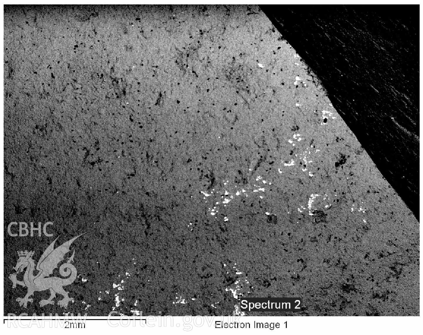 Scanning Electron Microscopy image 2 of the deposit on the 2003 flint microdenticulate (NPRN 424528). © Crown: CHERISH PROJECT. Produced with EU funds through the Ireland Wales Co-operation Programme 2014-2020. All material made freely available through the Open Government Licence.