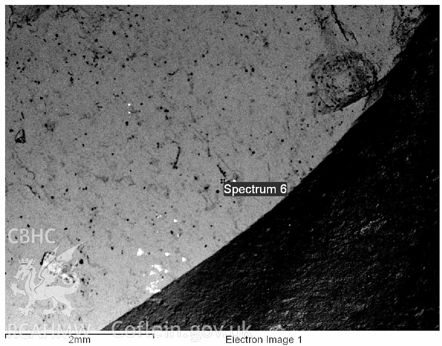 Scanning Electron Microscopy image 6 of the deposit on the 2003 flint microdenticulate (NPRN 424528). © Crown: CHERISH PROJECT. Produced with EU funds through the Ireland Wales Co-operation Programme 2014-2020. All material made freely available through the Open Government Licence.