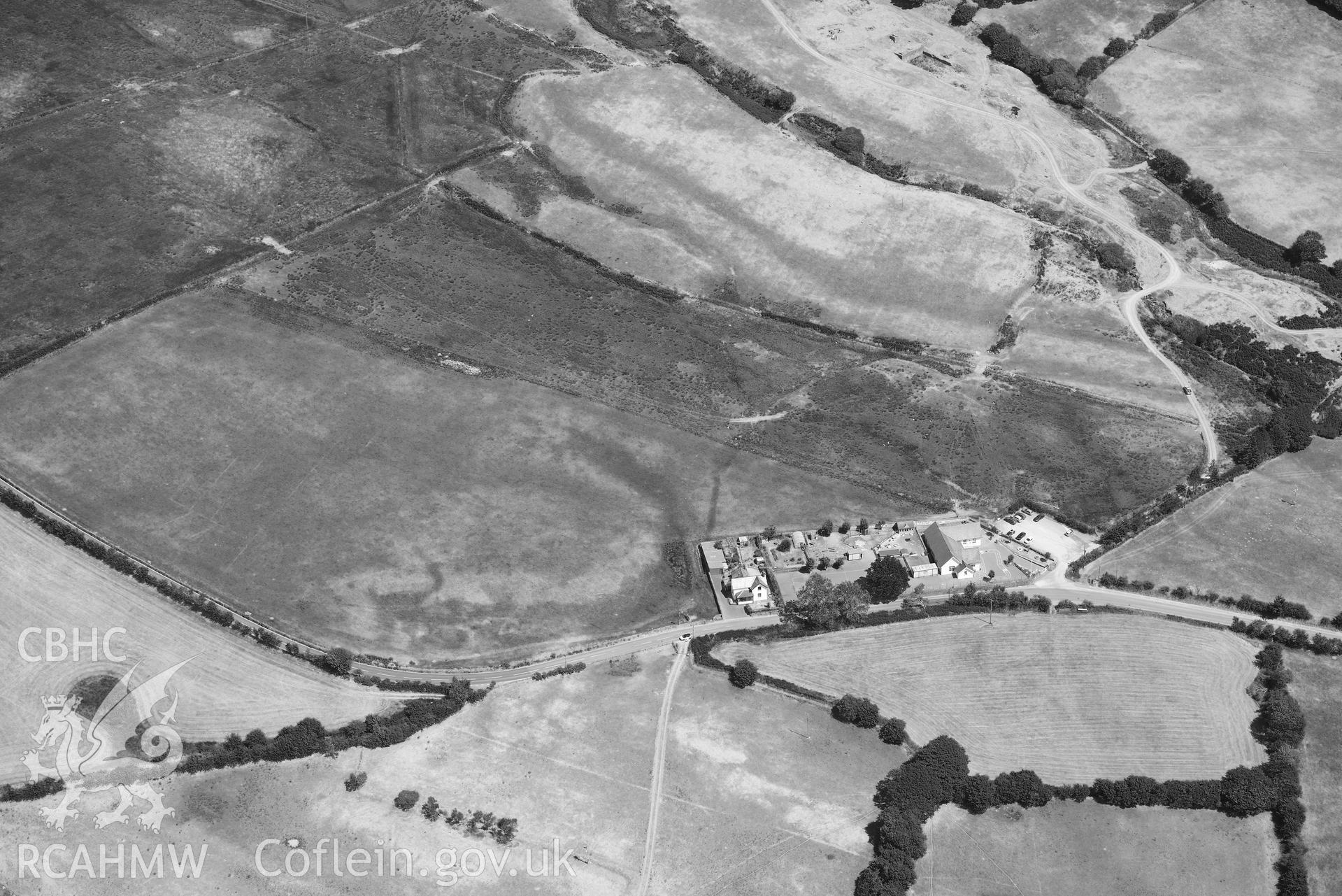 RCAHMW black and white oblique aerial photograph of Llys athro deserted settlement taken on 9 July 2018 by Toby Driver