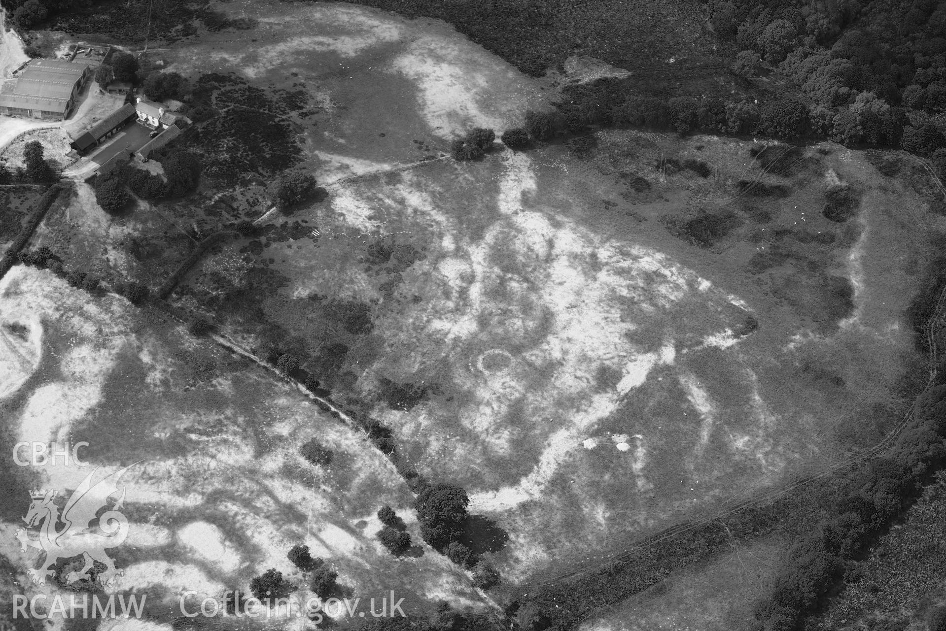 RCAHMW colour oblique aerial photograph of Elan aqueduct parchmarks at Dulas and Daverneithen circular structure taken on 9 July 2018 by Toby Driver