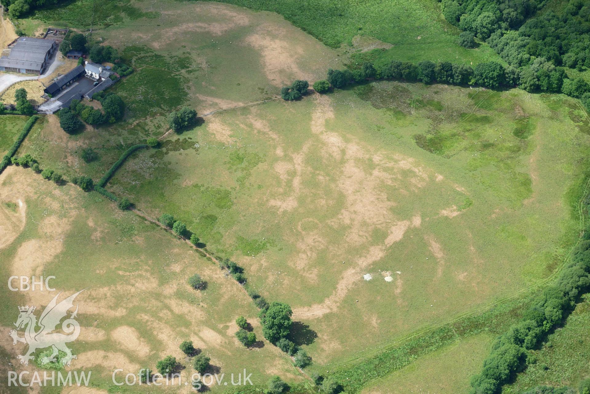 RCAHMW black and white oblique aerial photograph of Daverneithen circular structure taken on 9 July 2018 by Toby Driver