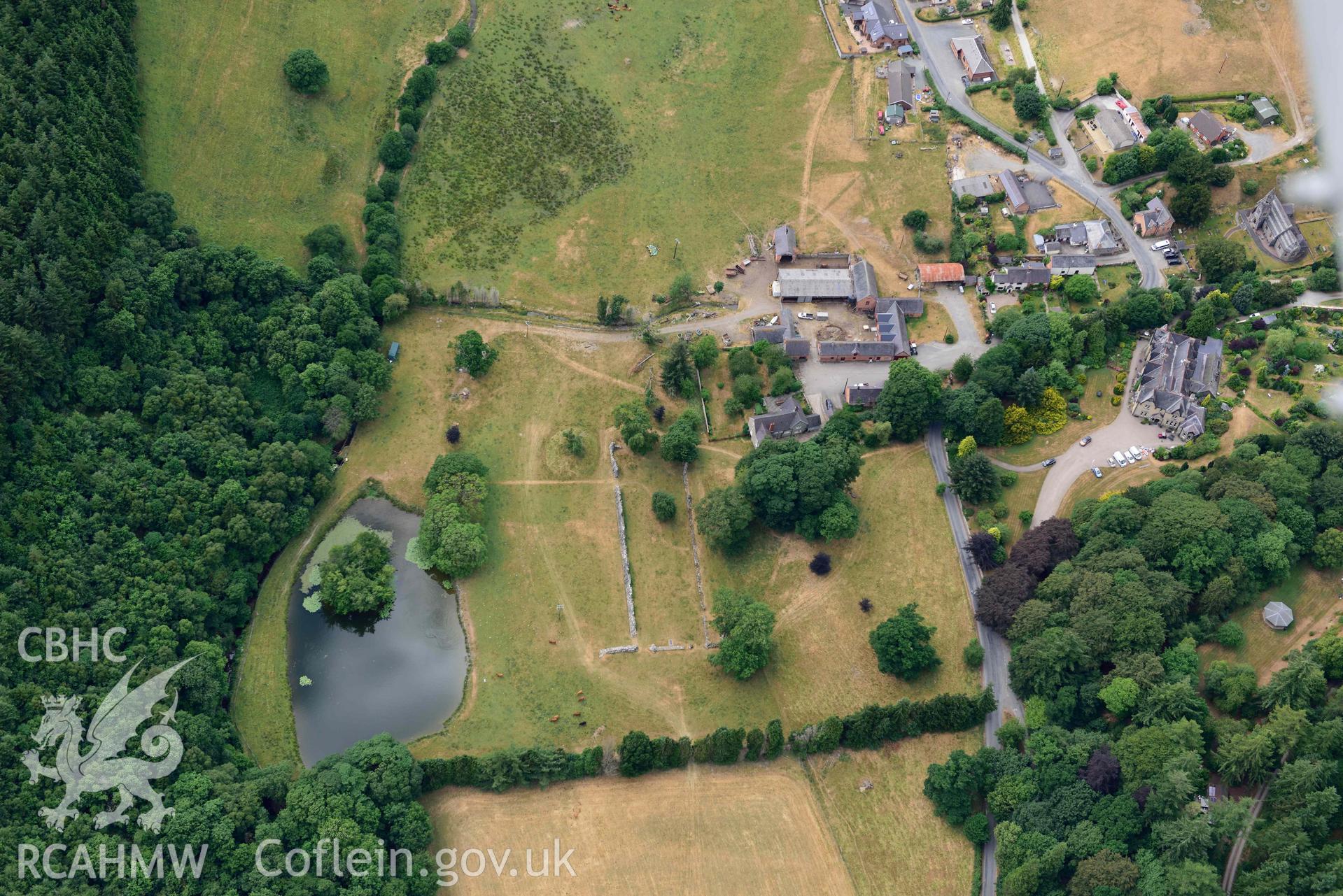 RCAHMW colour oblique aerial photograph of Abbey Cwmhir burial ground taken on 9 July 2018 by Toby Driver