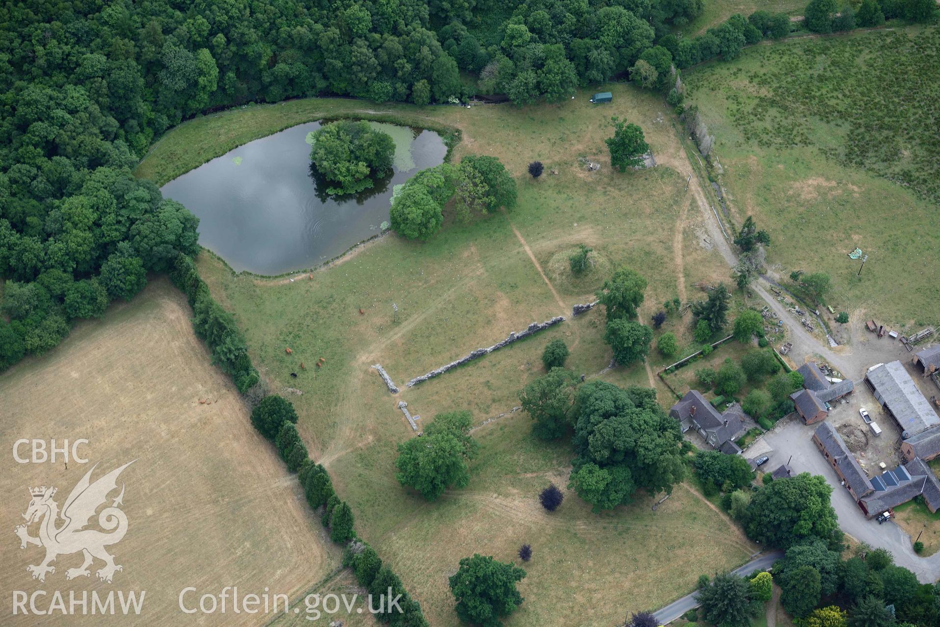 RCAHMW colour oblique aerial photograph of Abbey Cwmhir burial ground taken on 9 July 2018 by Toby Driver