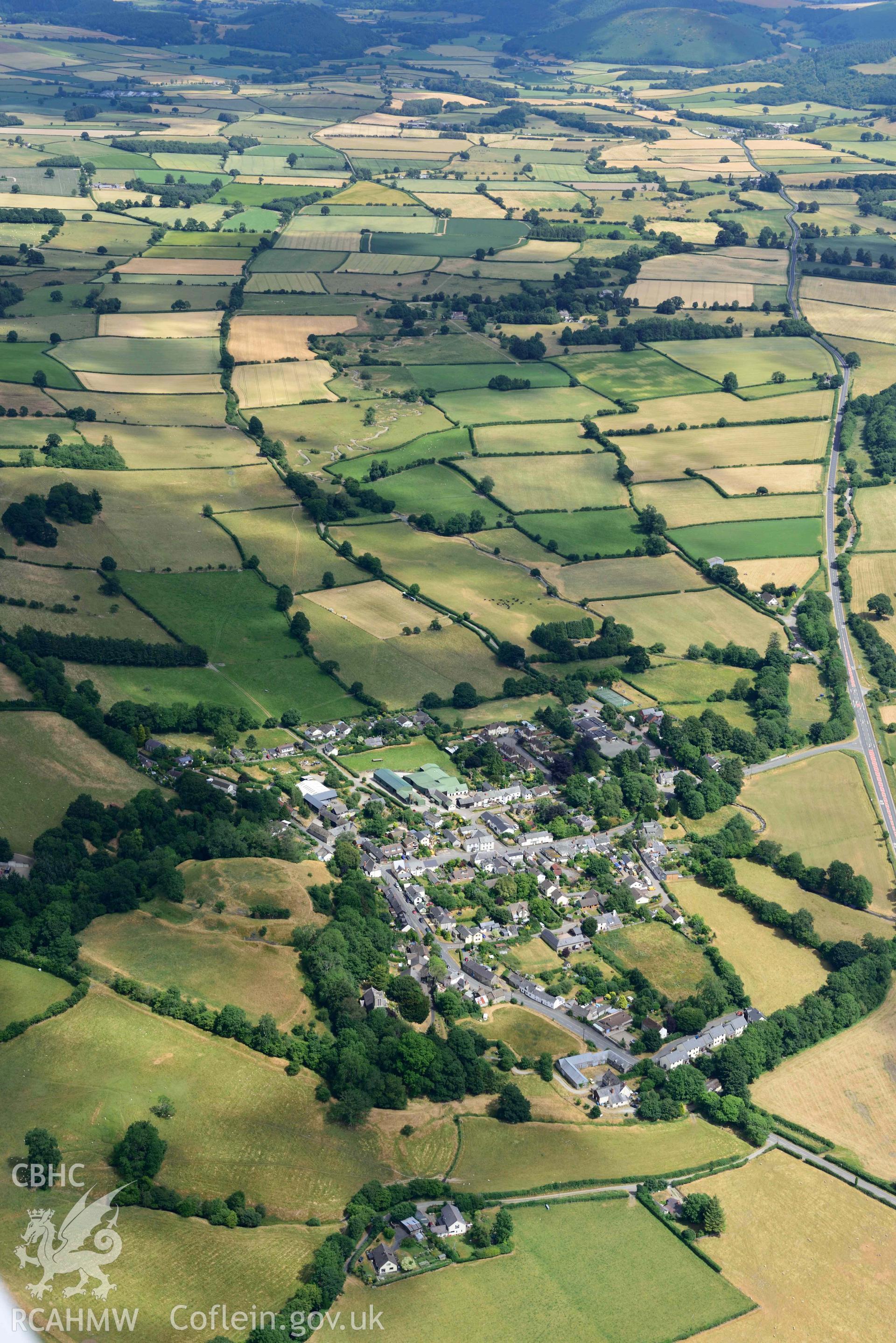 RCAHMW colour oblique aerial photograph of  New Radnor Town and Castle taken on 9 July 2018 by Toby Driver