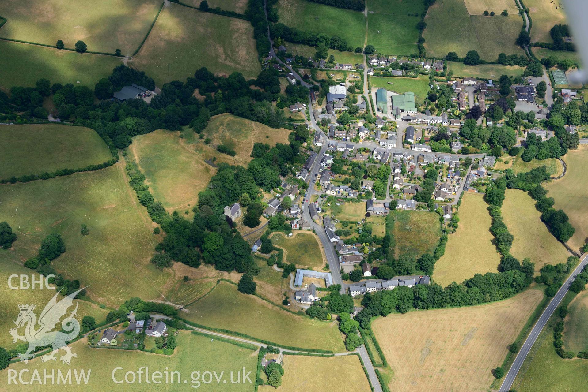 RCAHMW colour oblique aerial photograph of  New Radnor Town and Castle taken on 9 July 2018 by Toby Driver