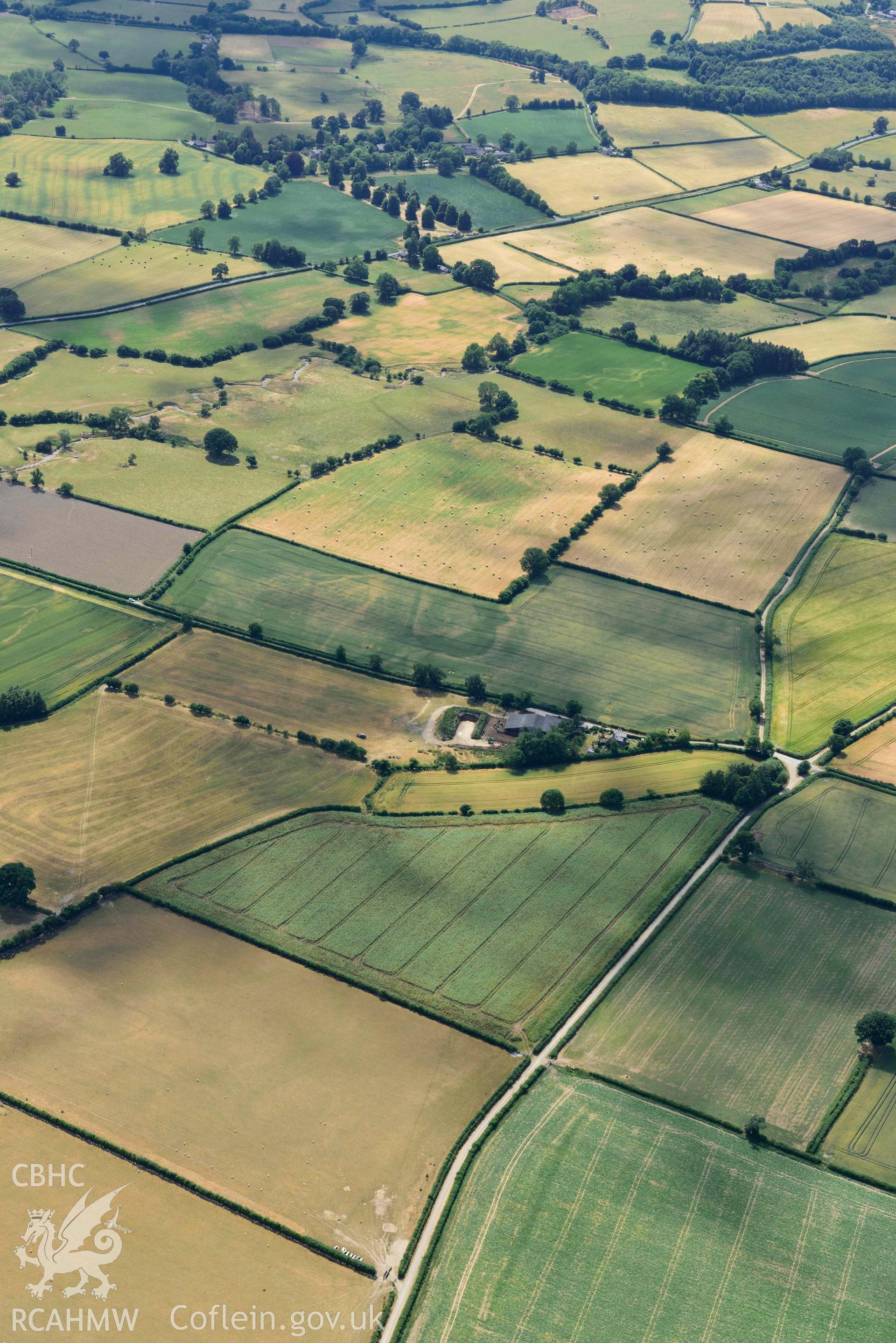 RCAHMW colour oblique aerial photograph of Hindwell Cursus at Four Stones taken on 9 July 2018 by Toby Driver